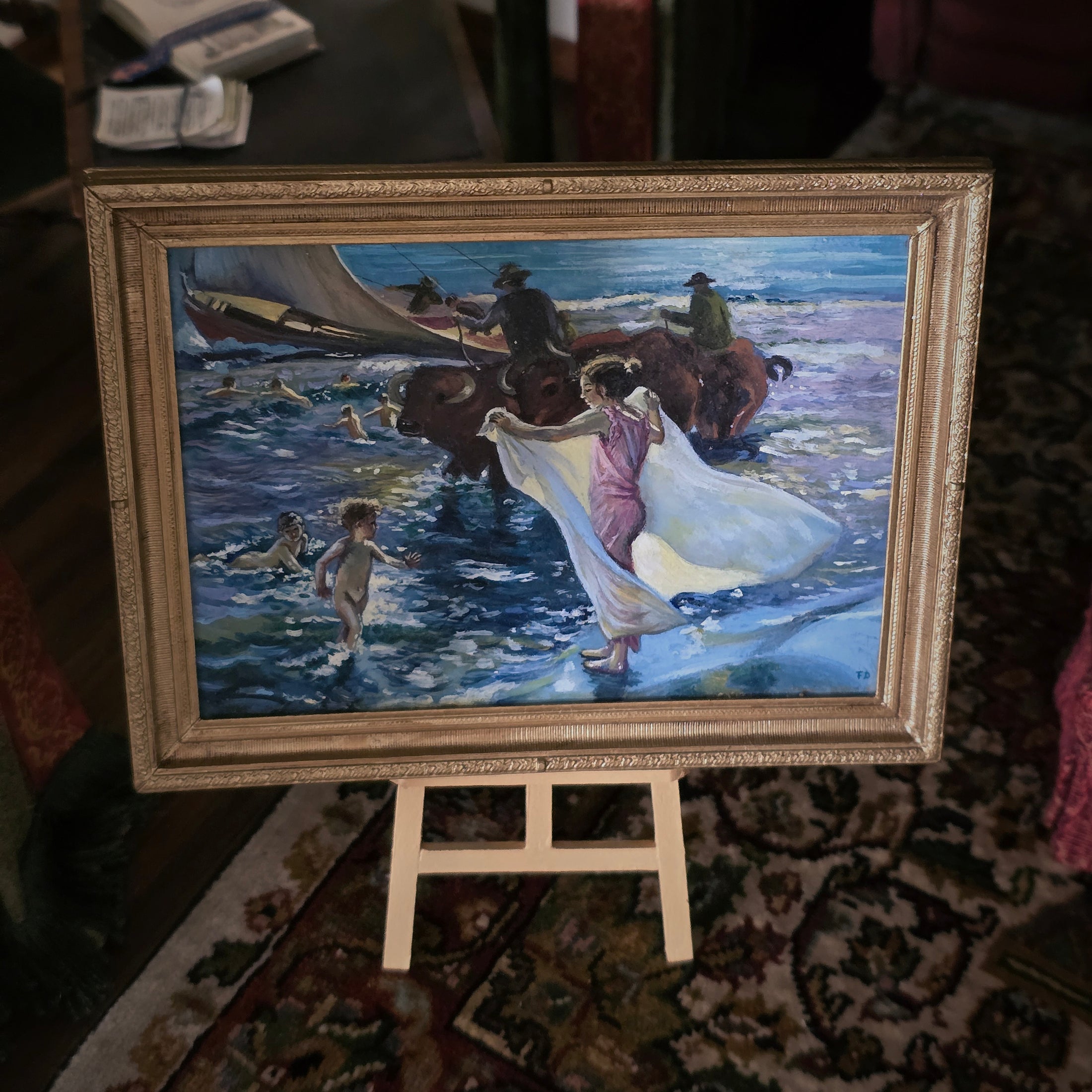 Fatima Dona Miniature Oil Painting After Sorolla Bathing Time Gilt Frame