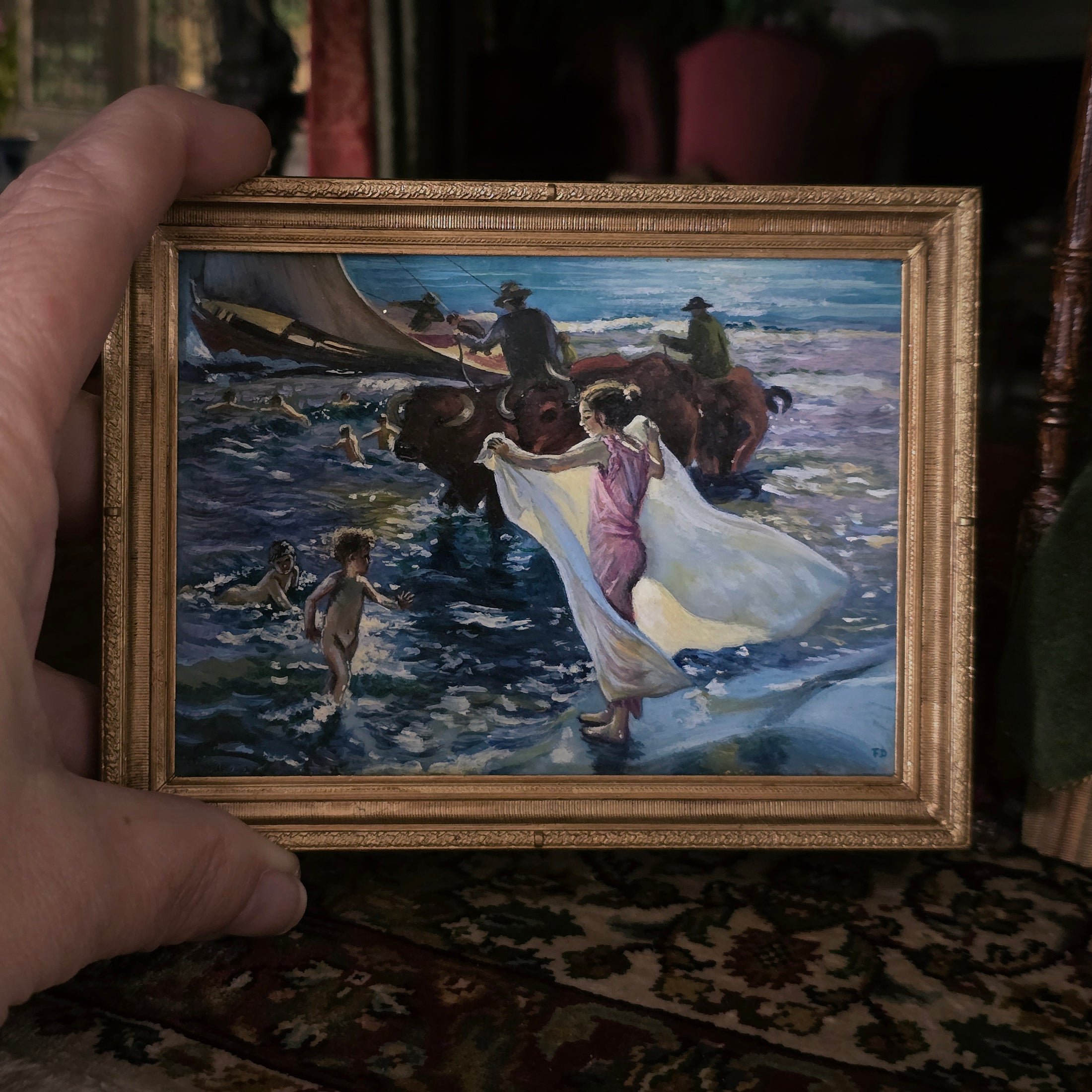 Fatima Dona Miniature Oil Painting After Sorolla Bathing Time Gilt Frame