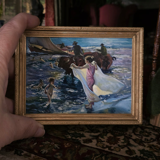Fatima Dona Miniature Oil Painting After Sorolla Bathing Time Gilt Frame