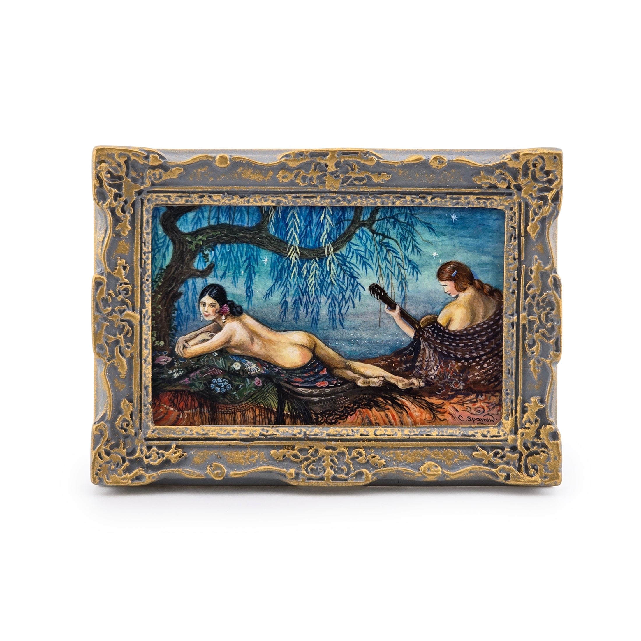 Chris Sparrow Miniature Oil Painting Spanish Guitar Scene Gilt Frame
