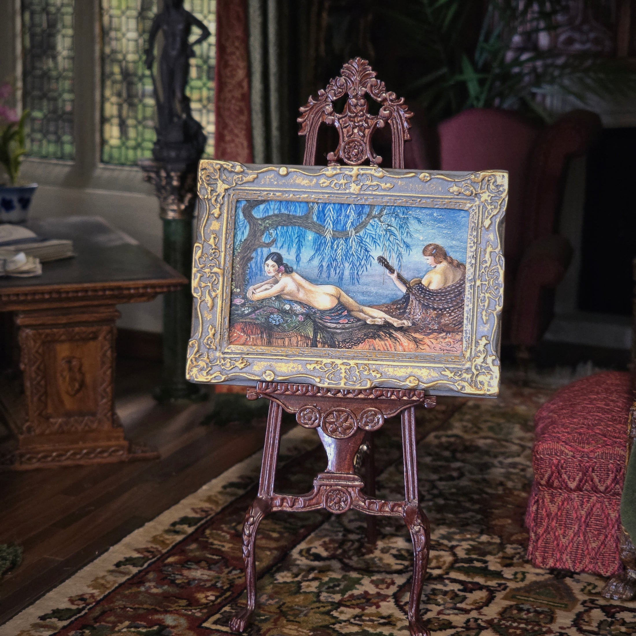 Chris Sparrow Miniature Oil Painting Spanish Guitar Scene Gilt Frame