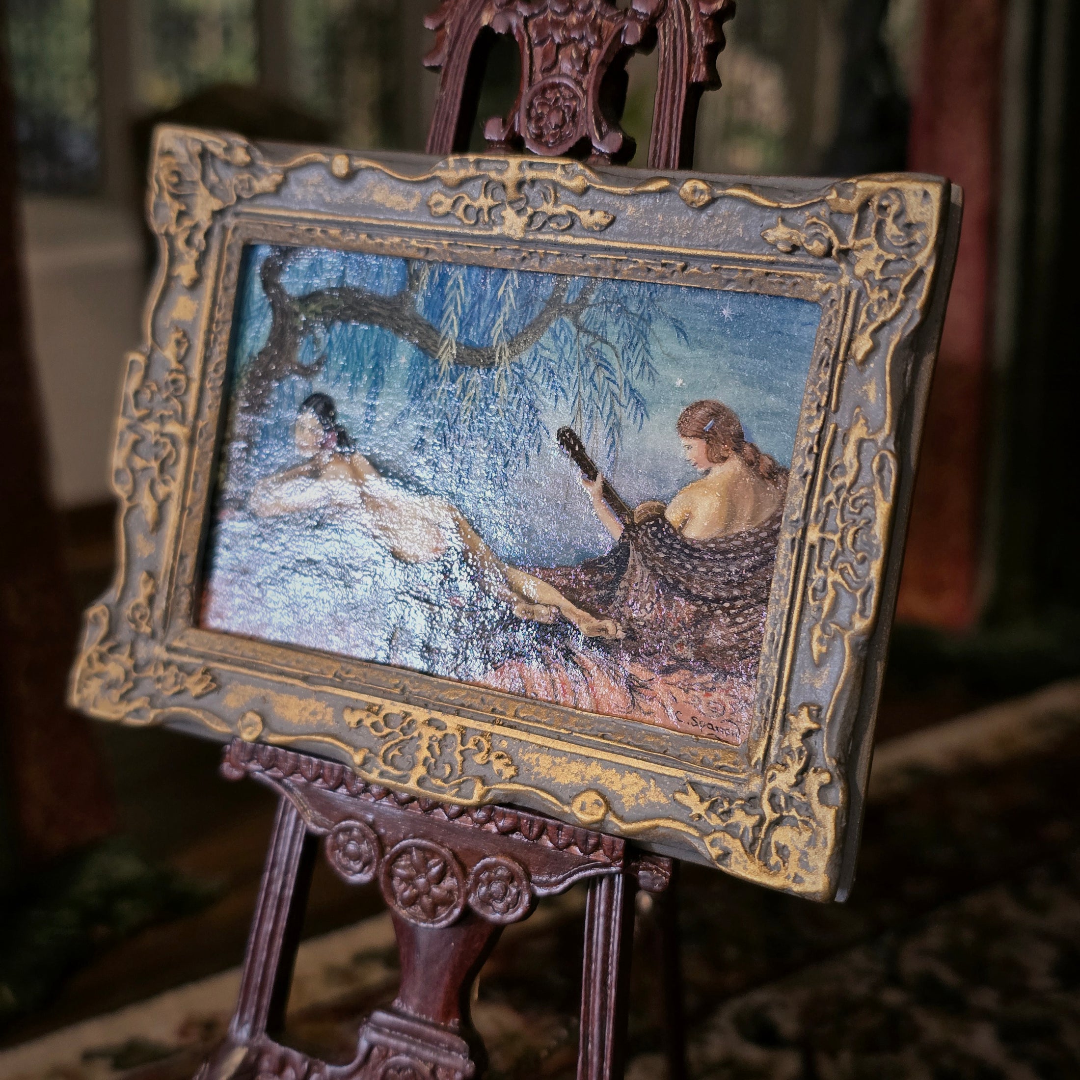Chris Sparrow Miniature Oil Painting Spanish Guitar Scene Gilt Frame