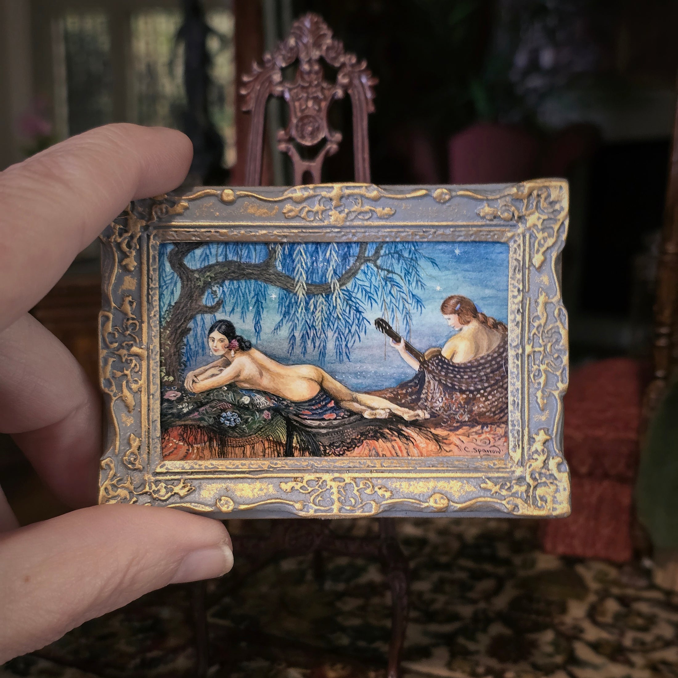 Chris Sparrow Miniature Oil Painting Spanish Guitar Scene Gilt Frame