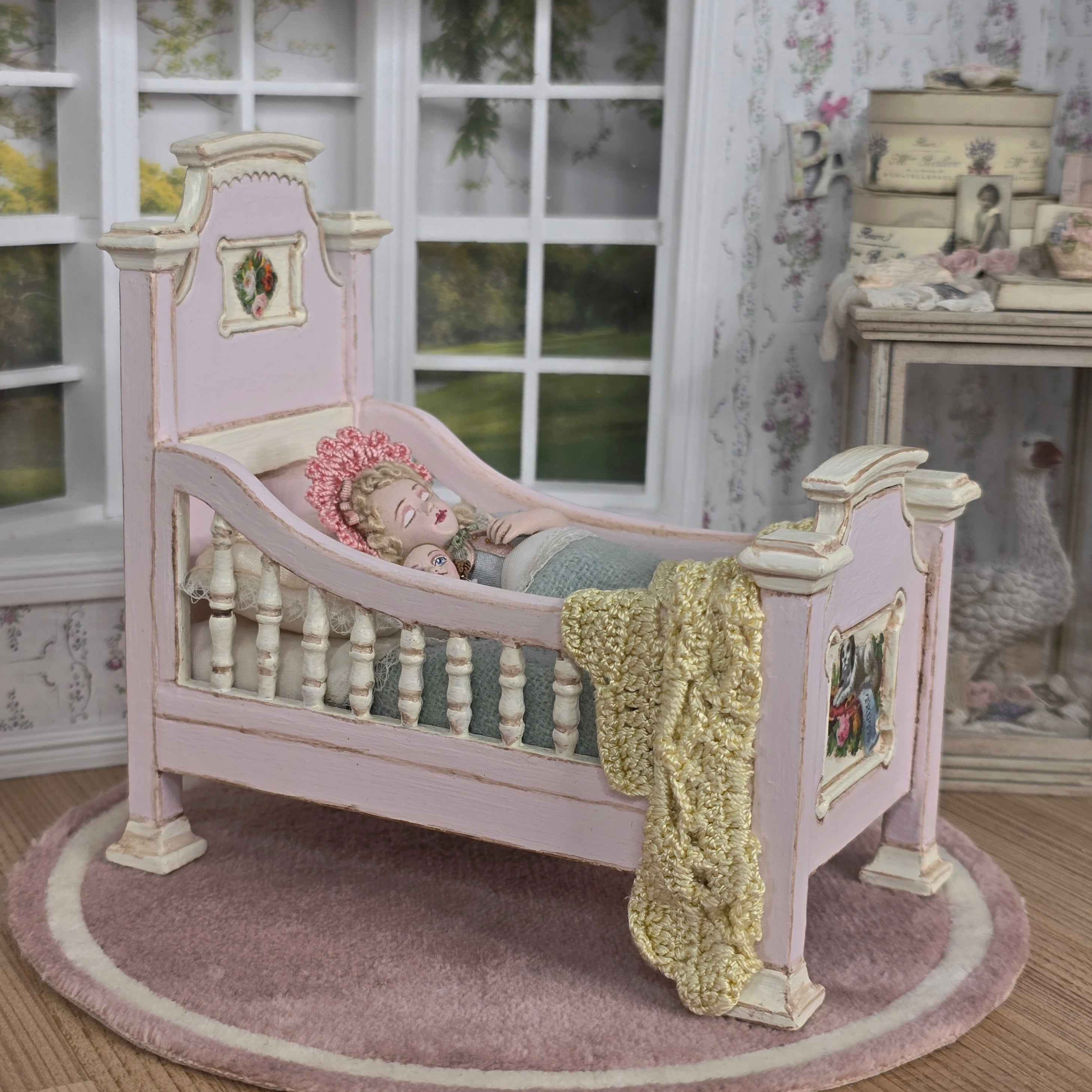 RARE Gale Elena Bantock Sleeping Child Doll in Pink Bed Vignette OOAK