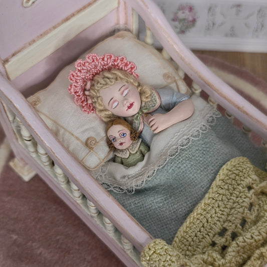 RARE Gale Elena Bantock Sleeping Child Doll in Pink Bed Vignette OOAK
