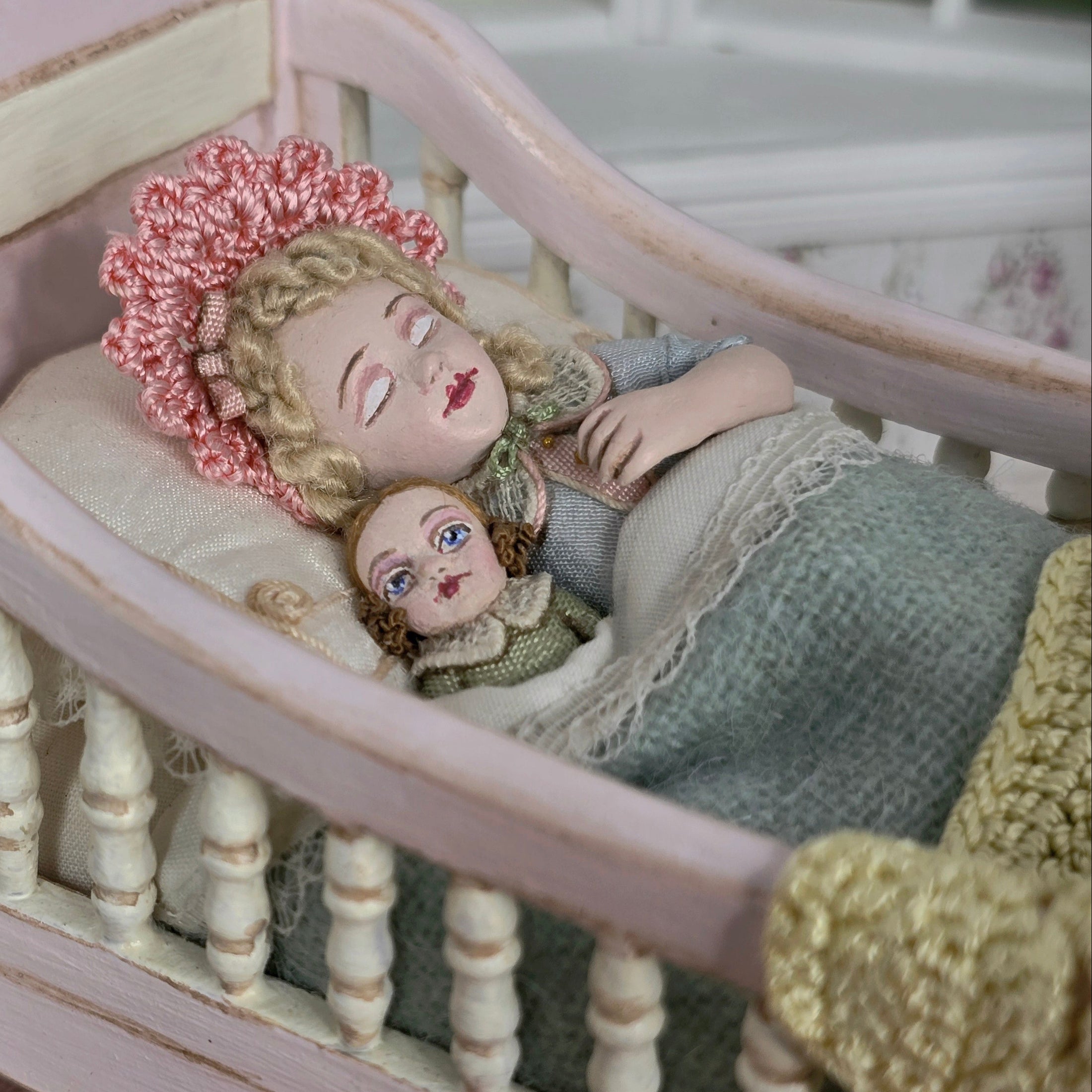 RARE Gale Elena Bantock Sleeping Child Doll in Pink Bed Vignette OOAK