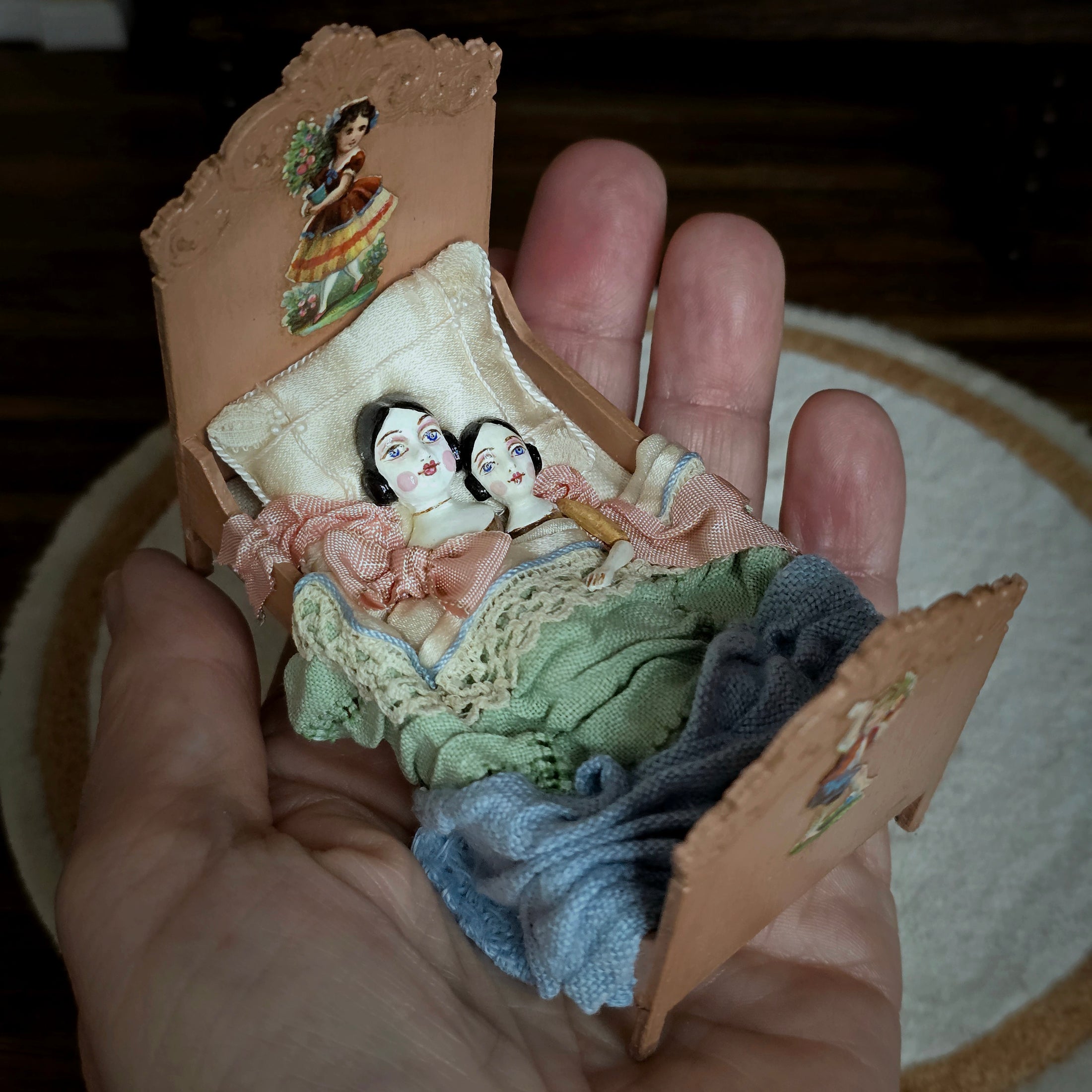 Gale Elena Bantock China-Head Dolls Bed Miniature Victorian Nursery Vignette