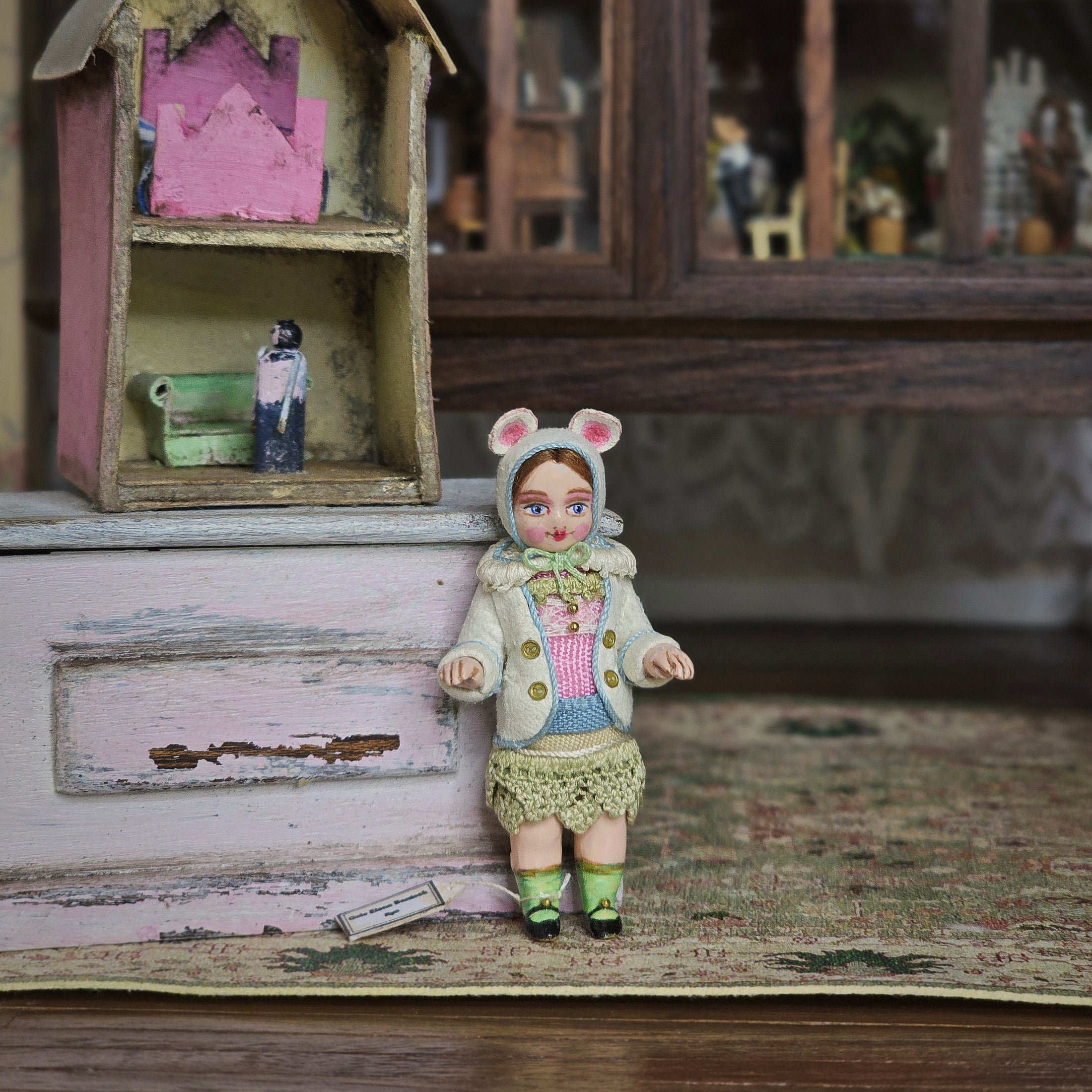 RARE Gale Elena Bantock Porcelain Little Girl in Fuzzy Bear Coat Dollhouse Doll