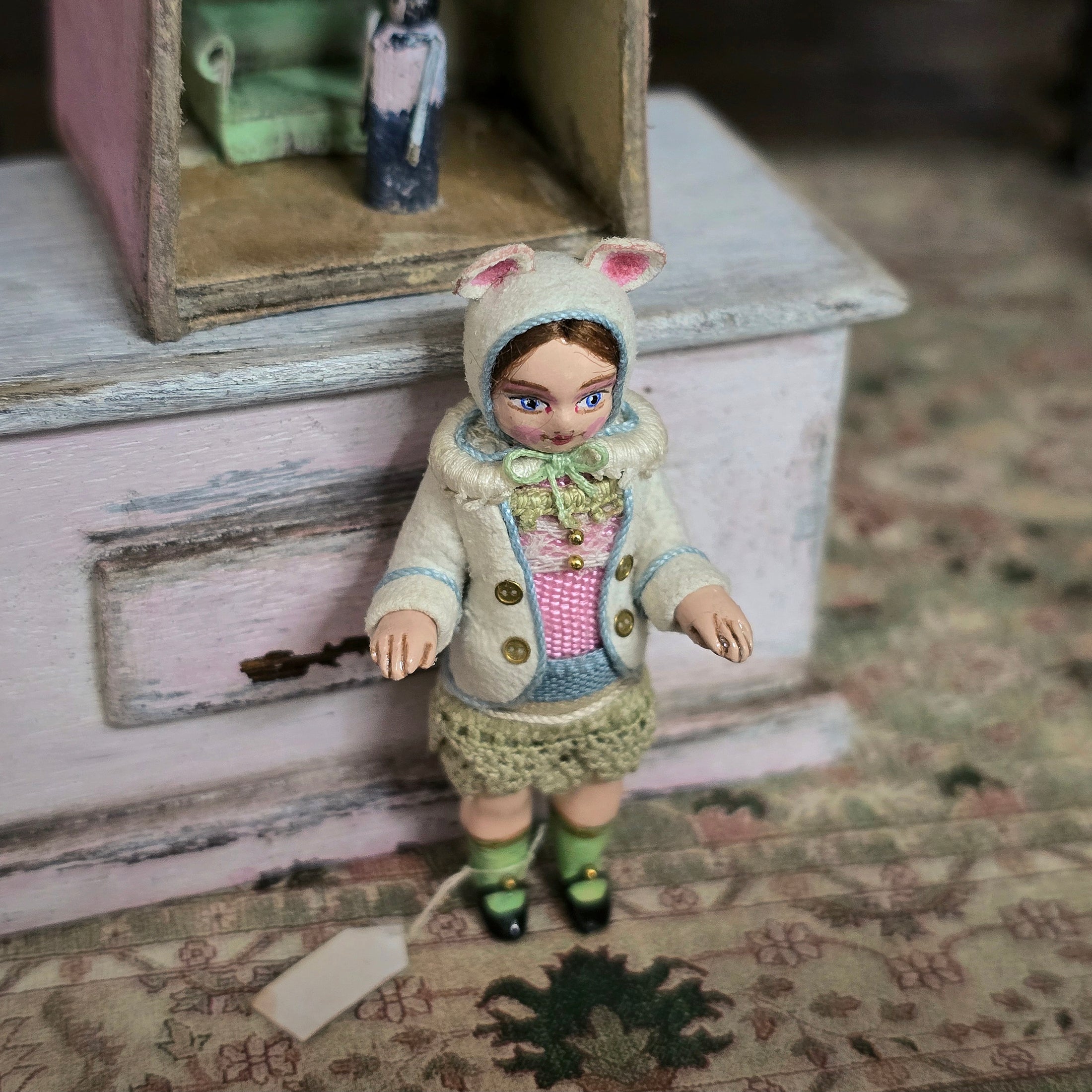 RARE Gale Elena Bantock Porcelain Little Girl in Fuzzy Bear Coat Dollhouse Doll