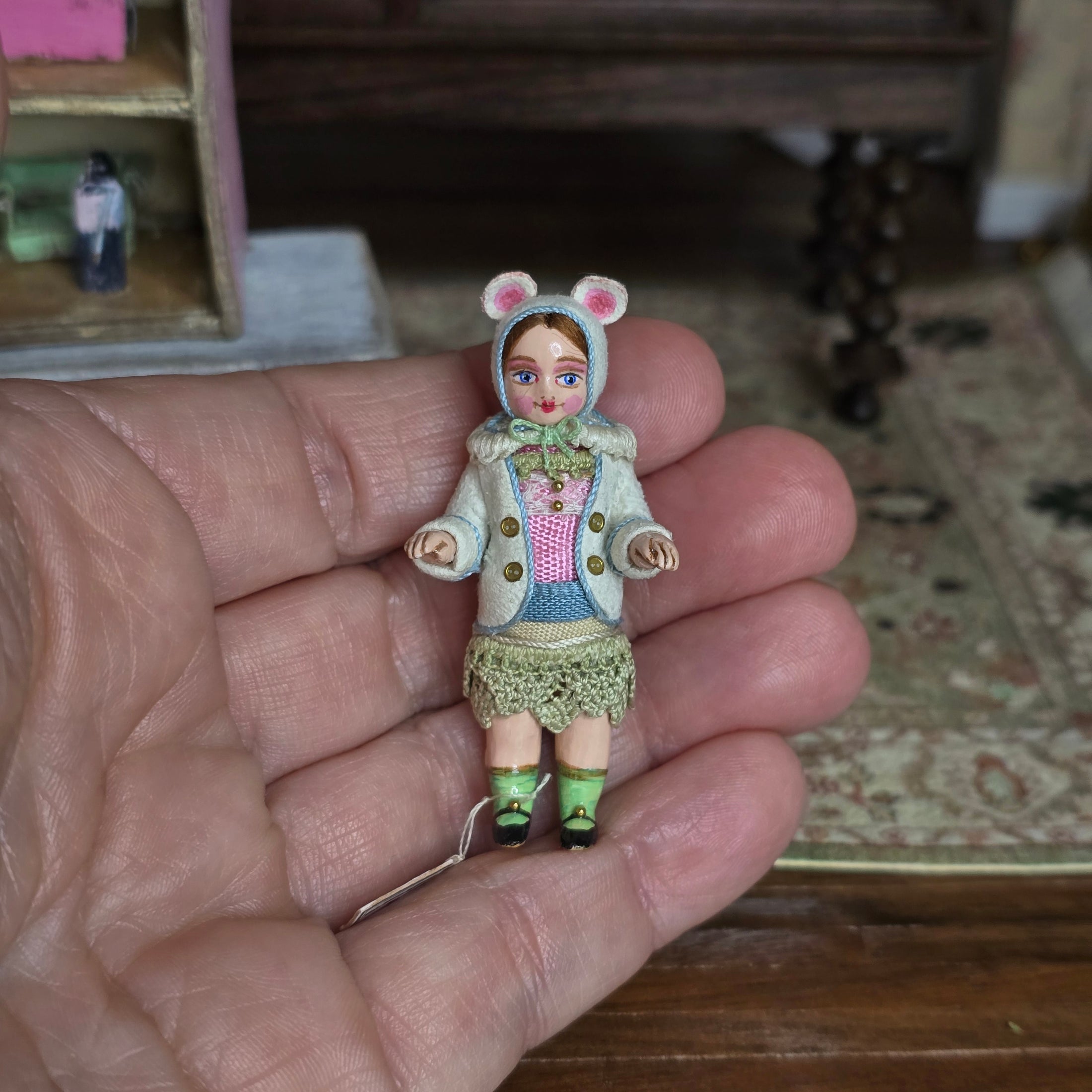 RARE Gale Elena Bantock Porcelain Little Girl in Fuzzy Bear Coat Dollhouse Doll