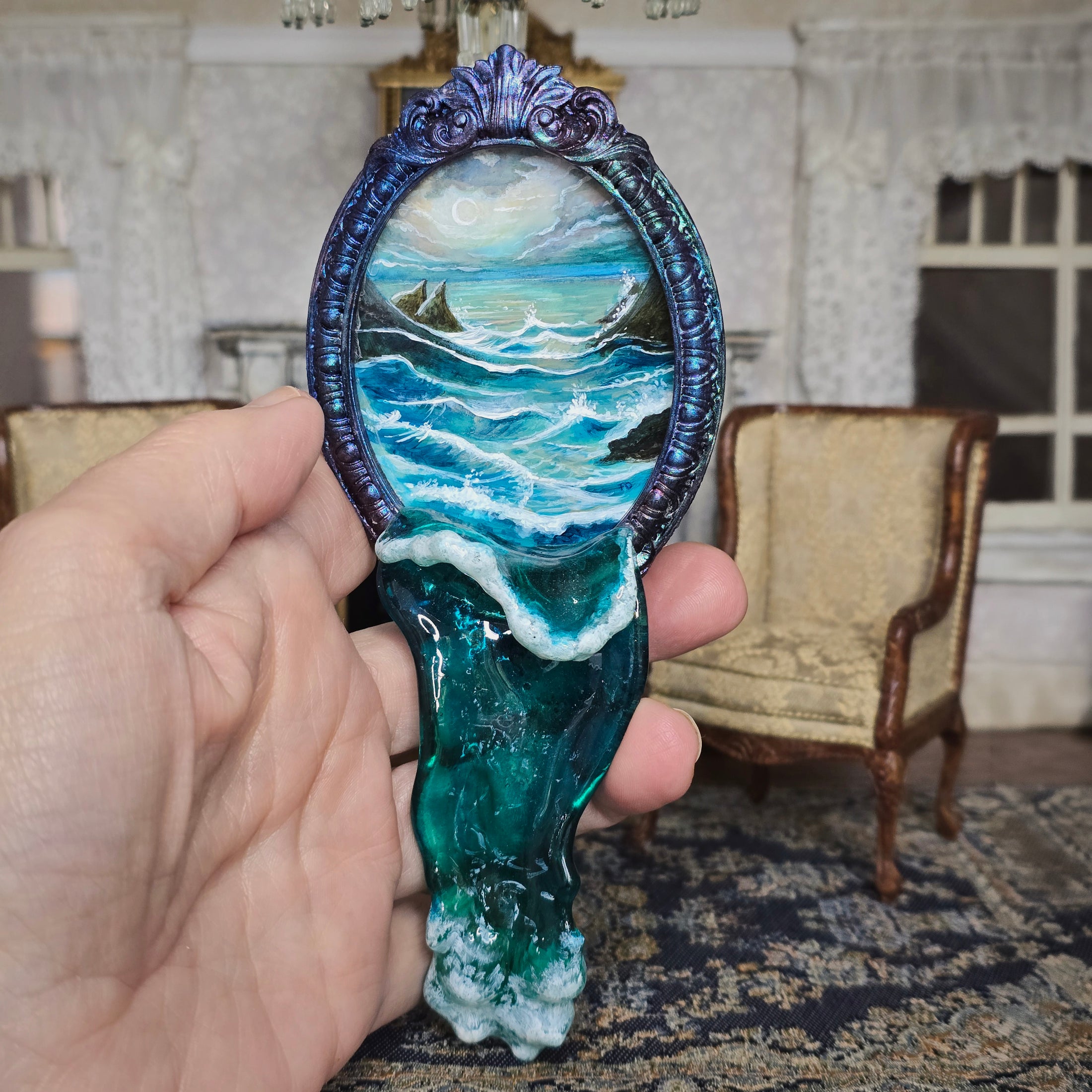 Fatima Dona Ocean Illusion Framed Oil Painting with Sculpted Water Feature