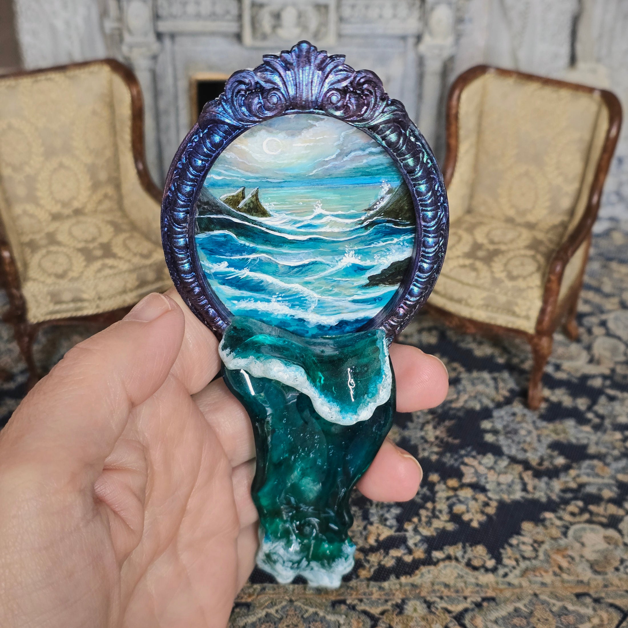 Fatima Dona Ocean Illusion Framed Oil Painting with Sculpted Water Feature
