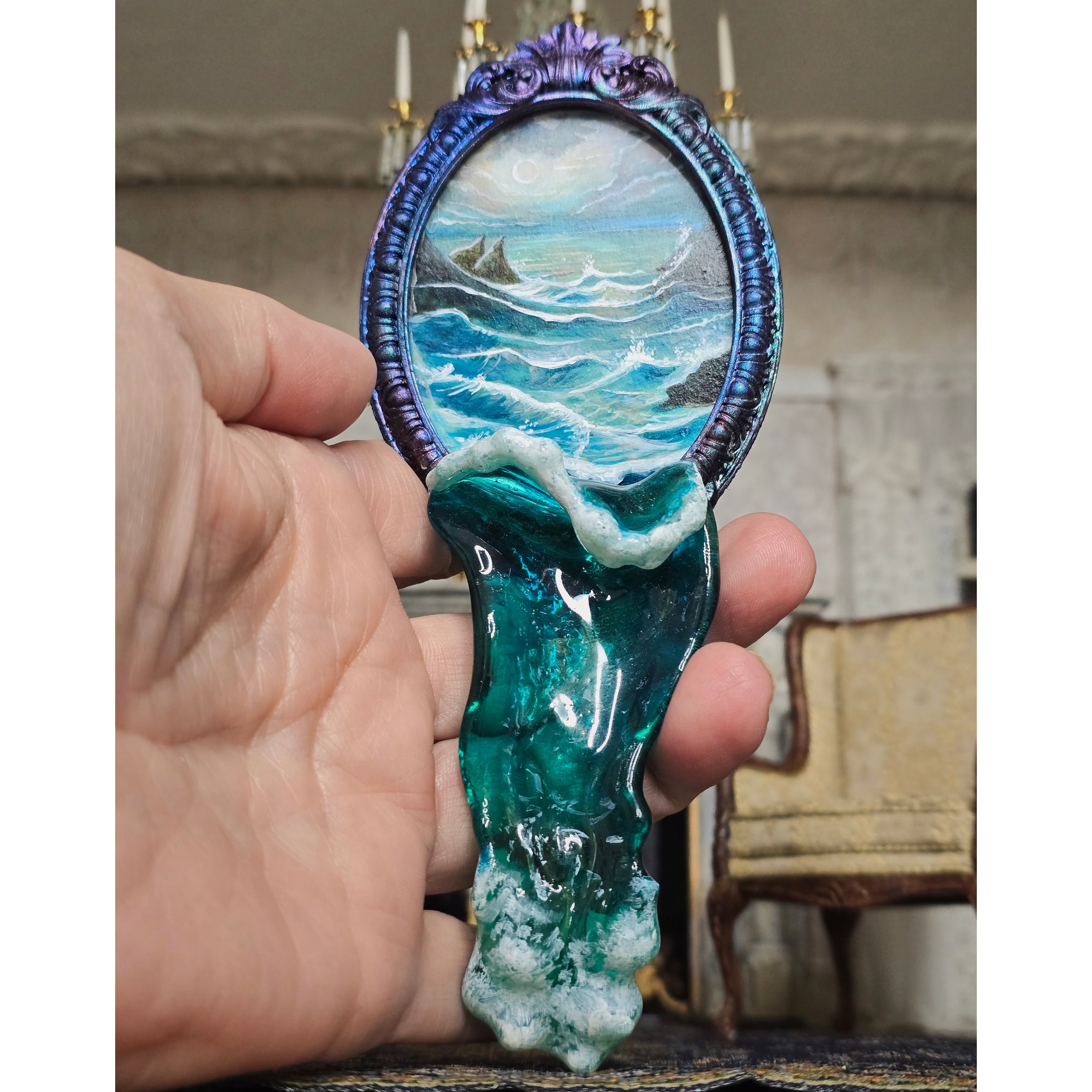 Fatima Dona Ocean Illusion Framed Oil Painting with Sculpted Water Feature