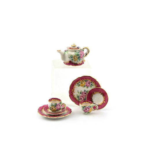 Miyuki Nagashima Sevres Style Porcelain Pink Floral Tea Set with Service for Two
