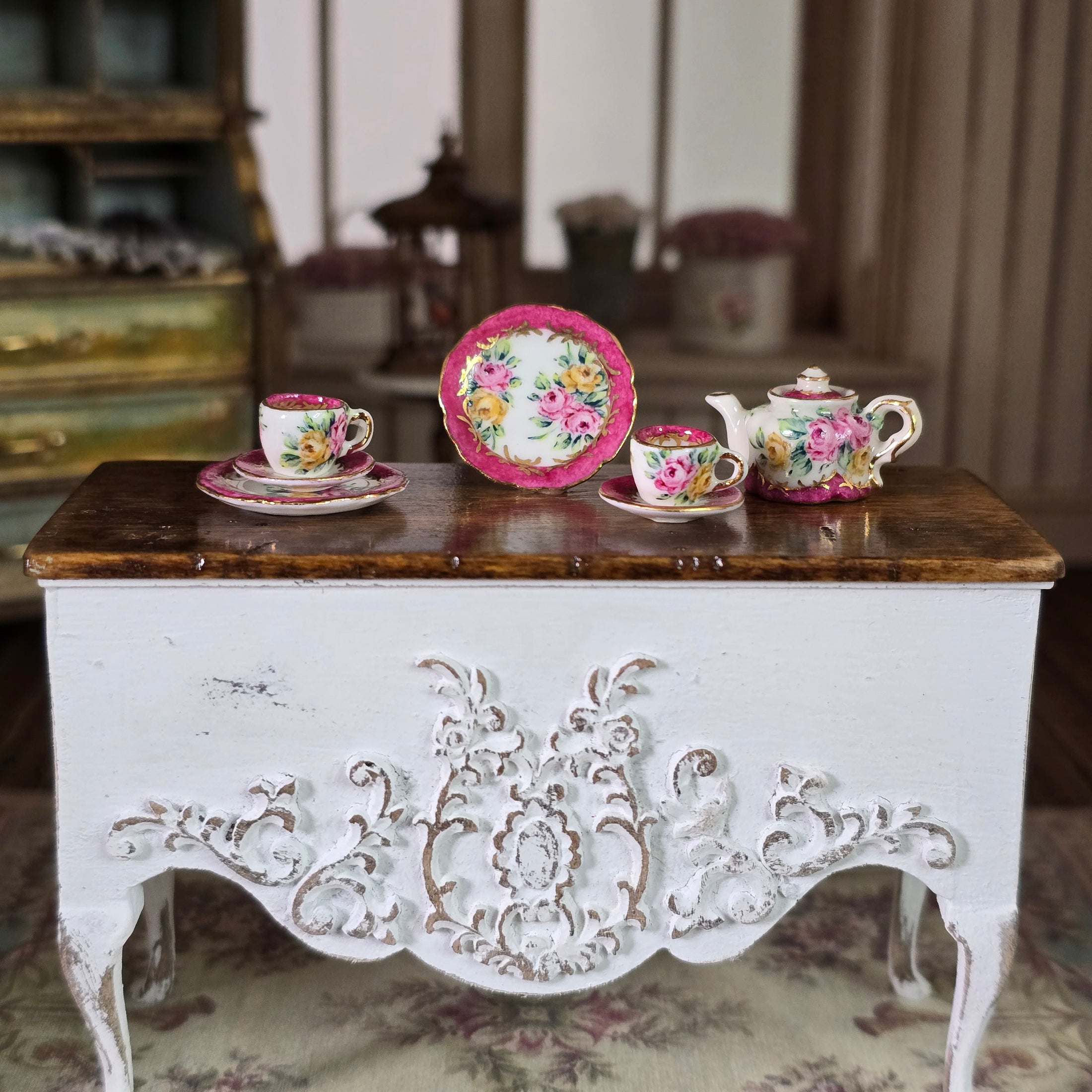 Miyuki Nagashima Sevres Style Porcelain Pink Floral Tea Set with Service for Two
