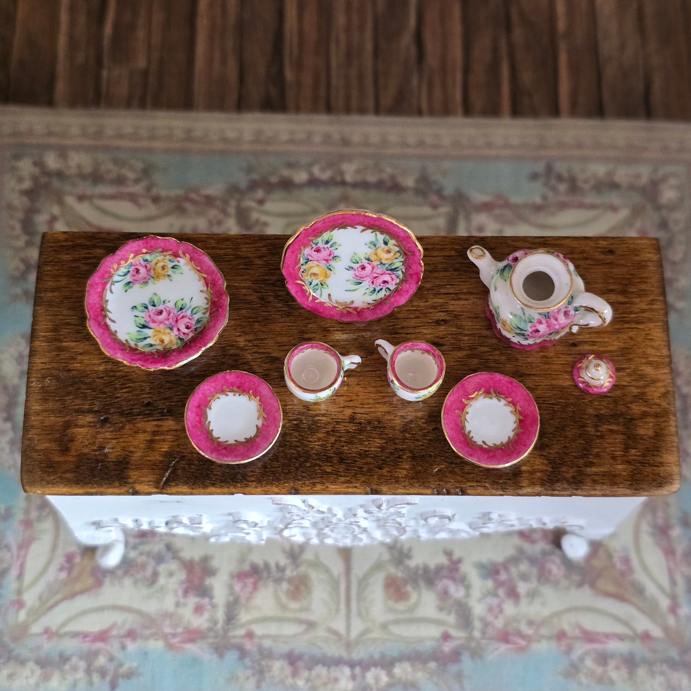 Miyuki Nagashima Sevres Style Porcelain Pink Floral Tea Set with Service for Two