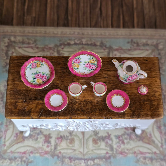 Miyuki Nagashima Sevres Style Porcelain Pink Floral Tea Set with Service for Two