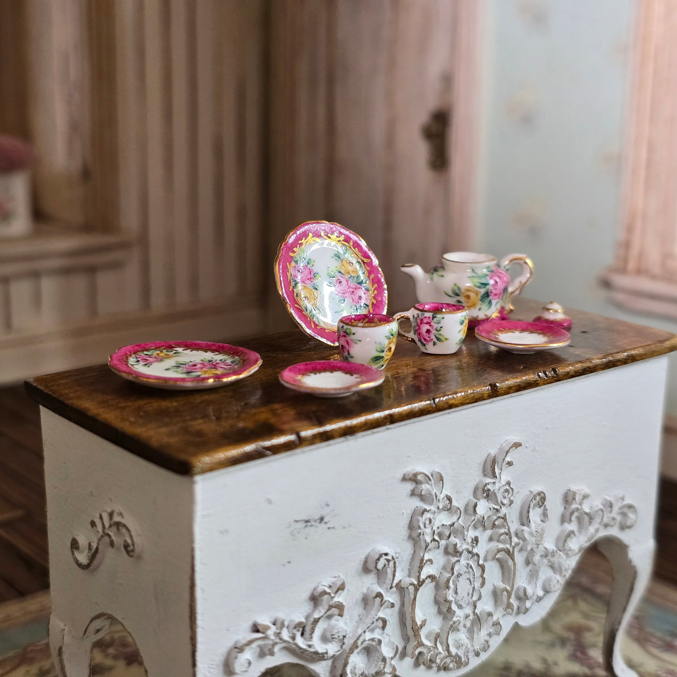 Miyuki Nagashima Sevres Style Porcelain Pink Floral Tea Set with Service for Two