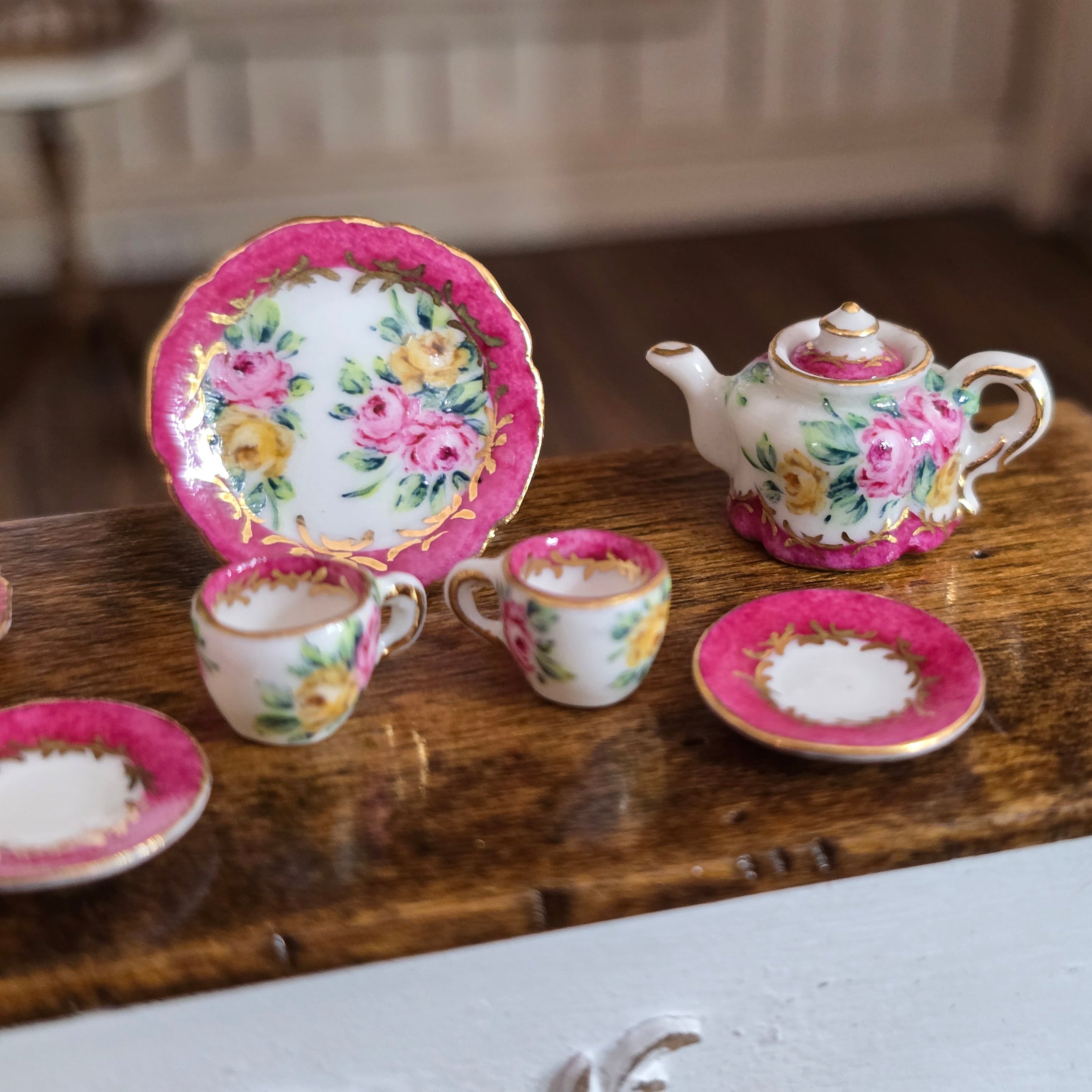 Miyuki Nagashima Sevres Style Porcelain Pink Floral Tea Set with Service for Two