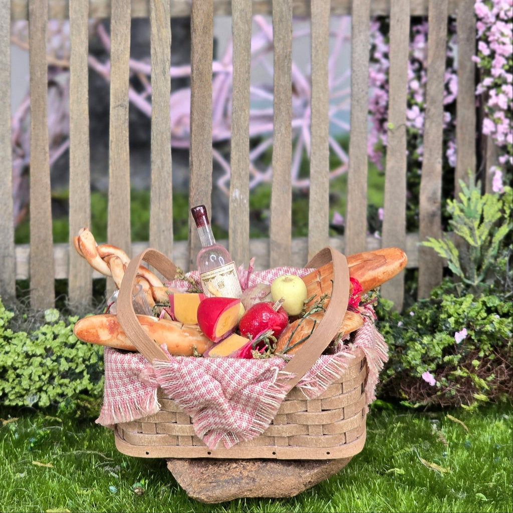 Country Picnic Basket Filled with Bread, Wine & Cheese Artisan Signed