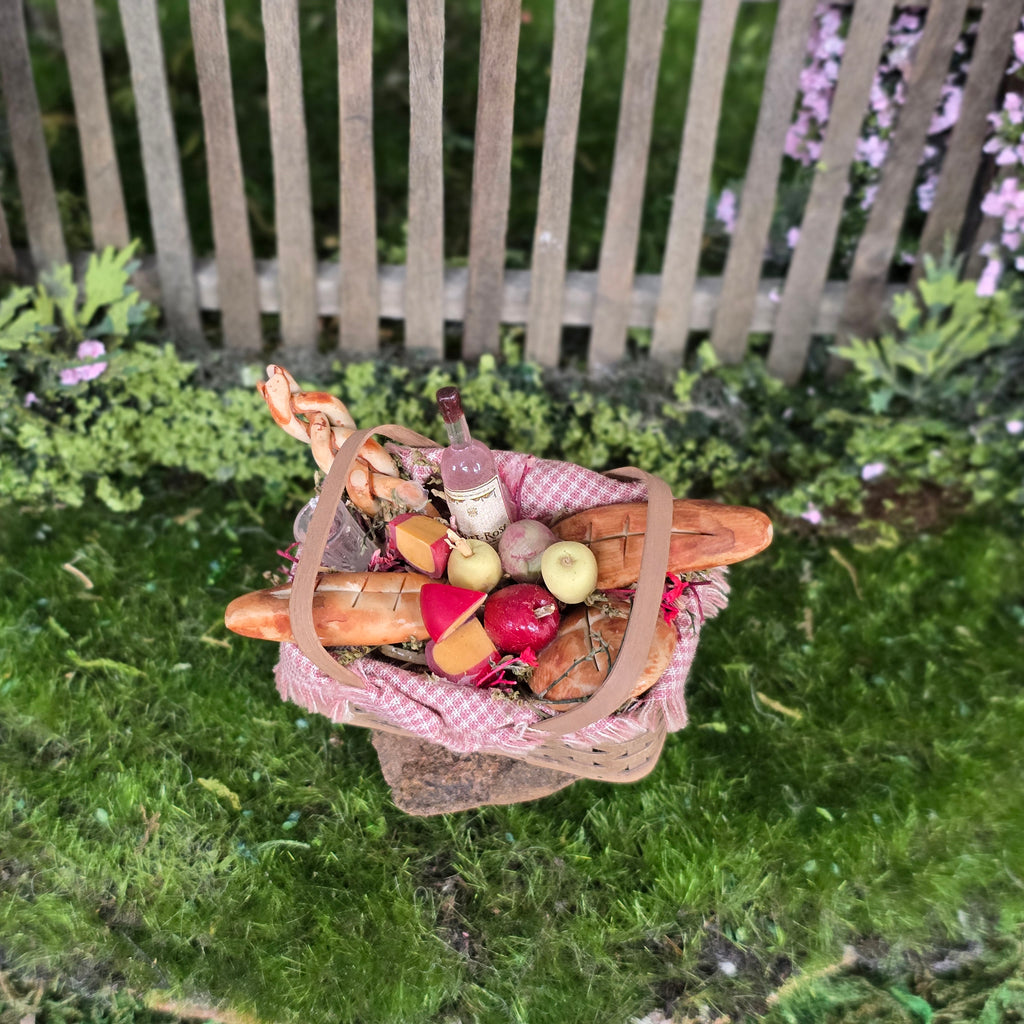 Country Picnic Basket Filled with Bread, Wine & Cheese Artisan Signed