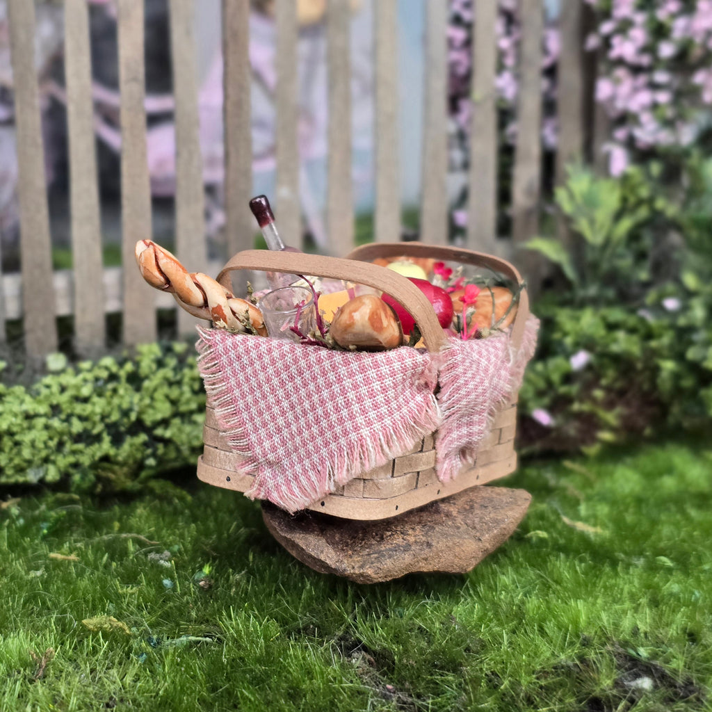 Country Picnic Basket Filled with Bread, Wine & Cheese Artisan Signed
