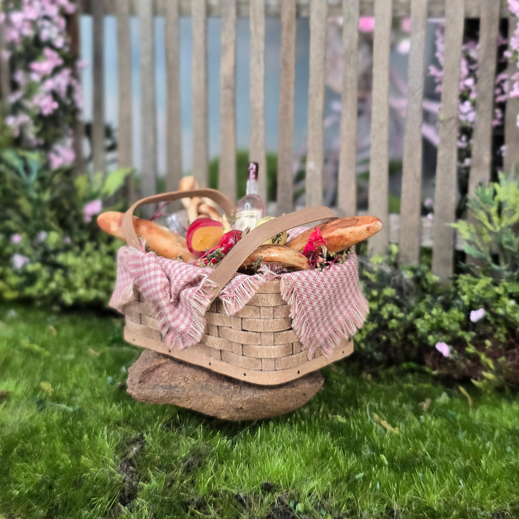 Country Picnic Basket Filled with Bread, Wine & Cheese Artisan Signed
