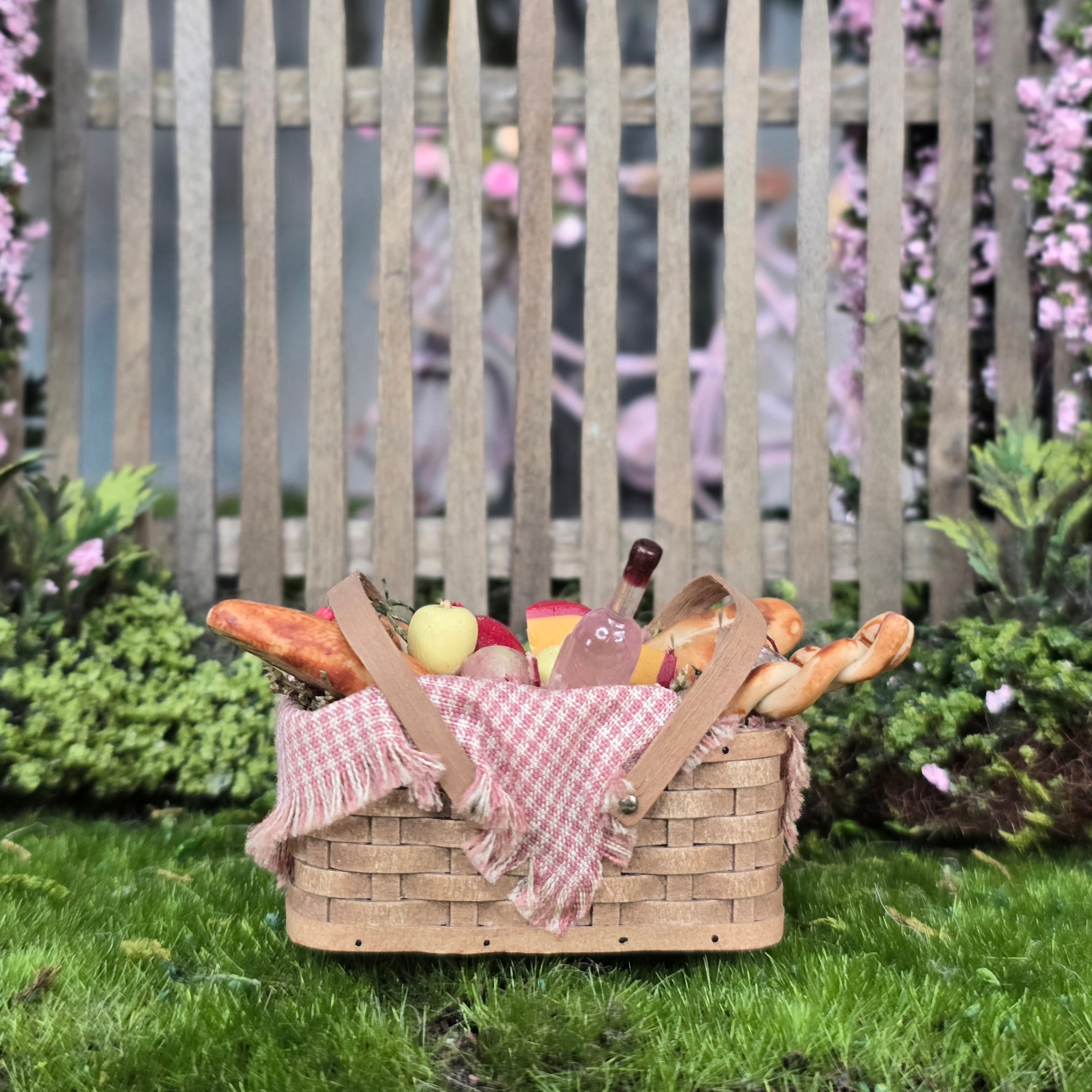 Country Picnic Basket Filled with Bread, Wine & Cheese Artisan Signed