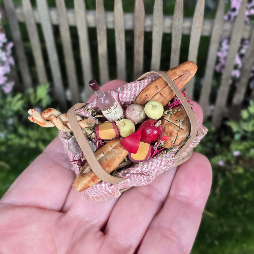 Country Picnic Basket Filled with Bread, Wine & Cheese Artisan Signed