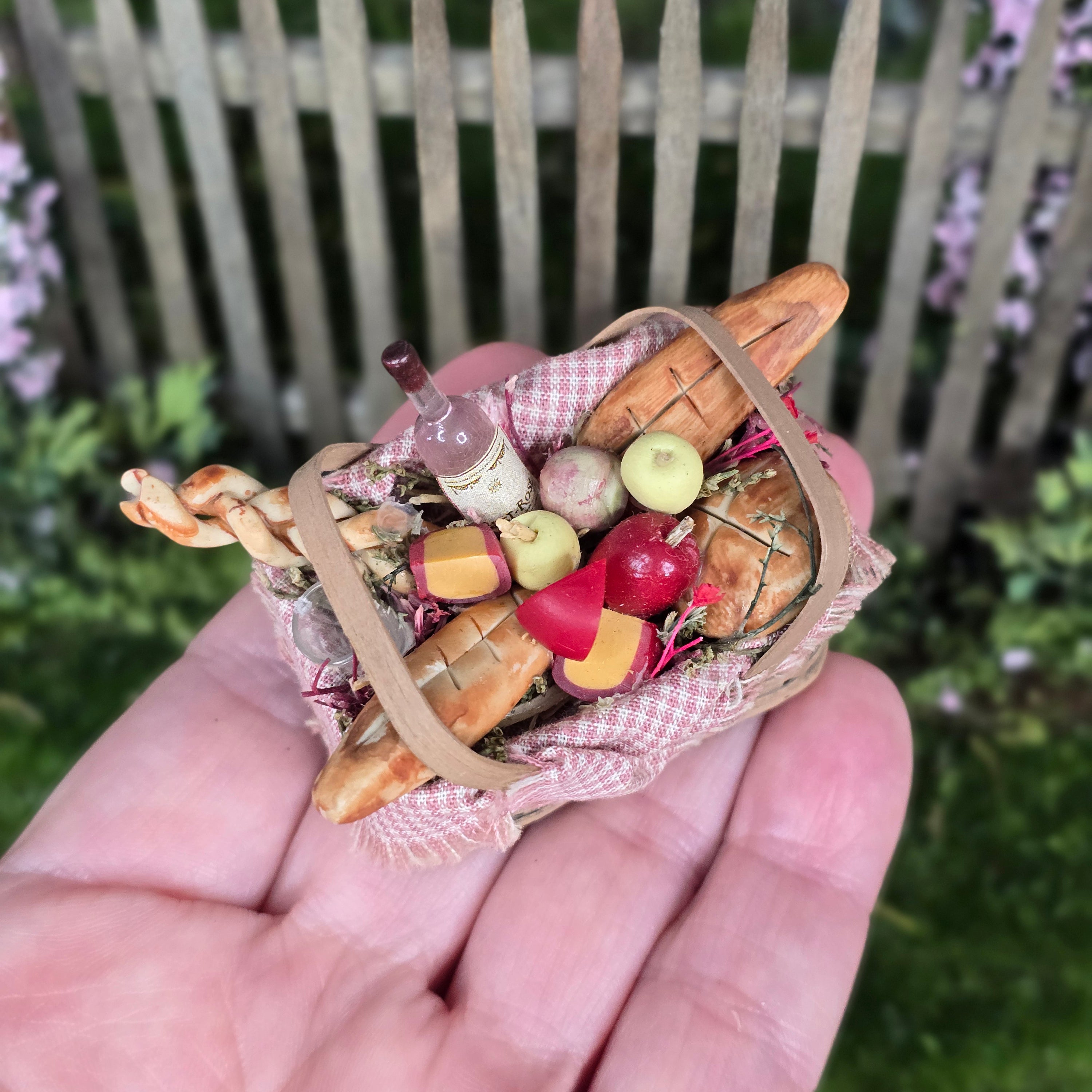 Country Picnic Basket Filled with Bread, Wine & Cheese Artisan Signed