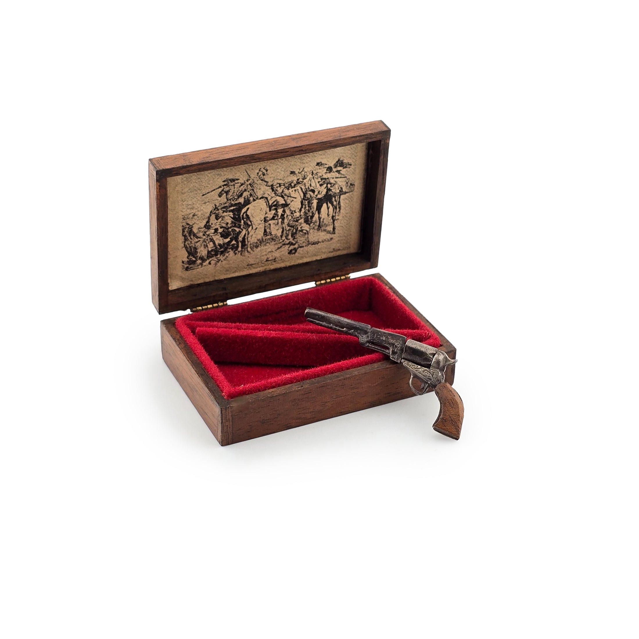 Miniature Antique Style Cowboy Revolver Pistol In Inlaid Wood Storage Case