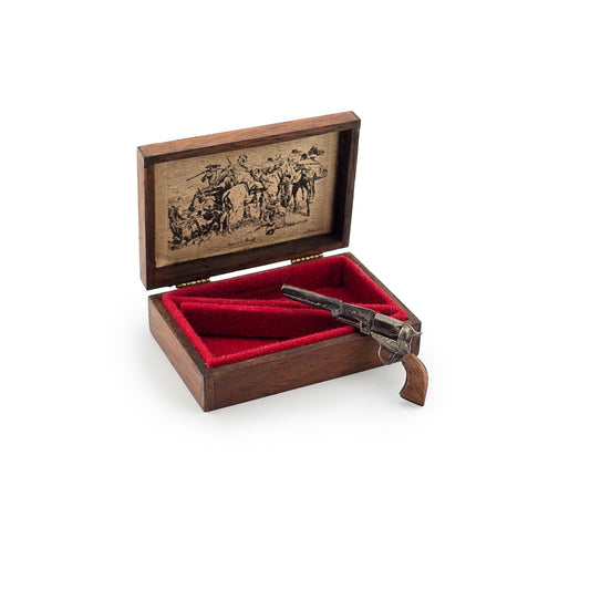 Miniature Antique Style Cowboy Revolver Pistol In Inlaid Wood Storage Case