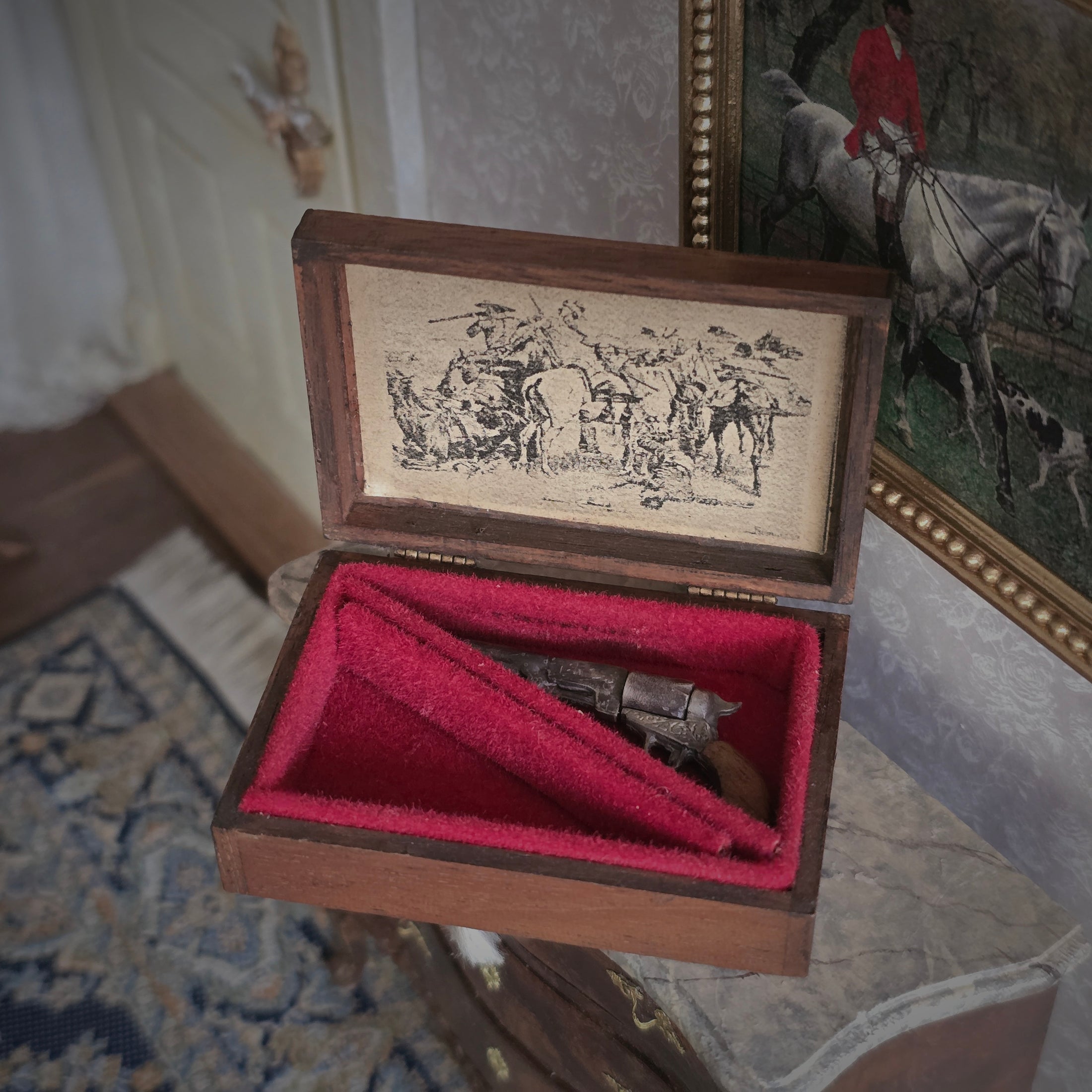 Miniature Antique Style Cowboy Revolver Pistol In Inlaid Wood Storage Case