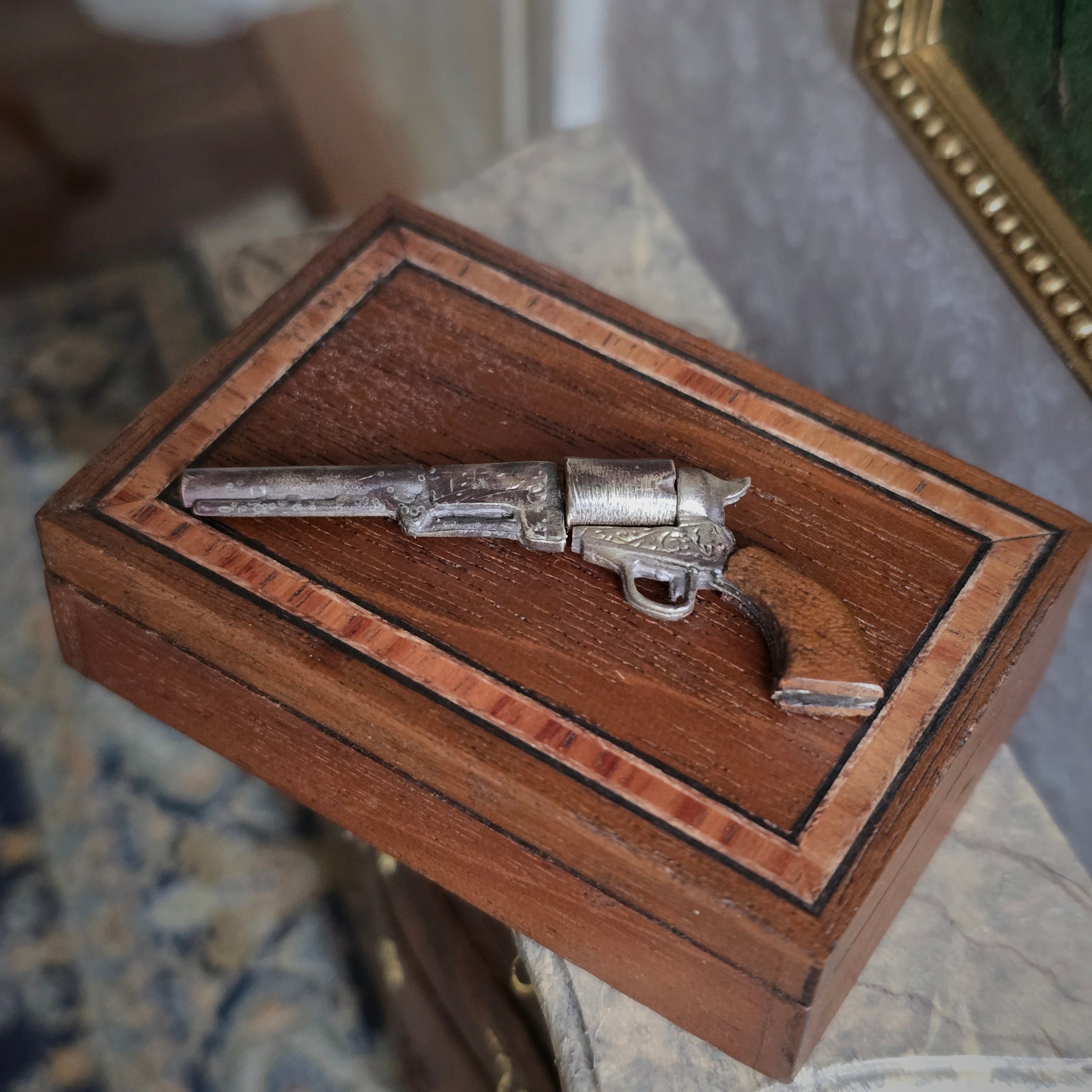Miniature Antique Style Cowboy Revolver Pistol In Inlaid Wood Storage Case