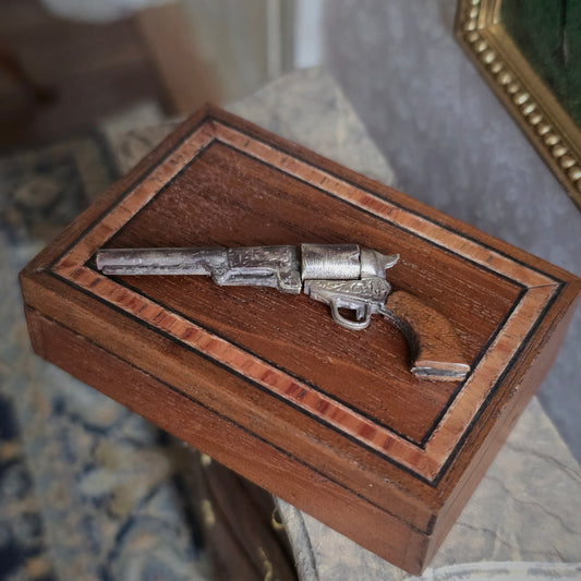 Miniature Antique Style Cowboy Revolver Pistol In Inlaid Wood Storage Case