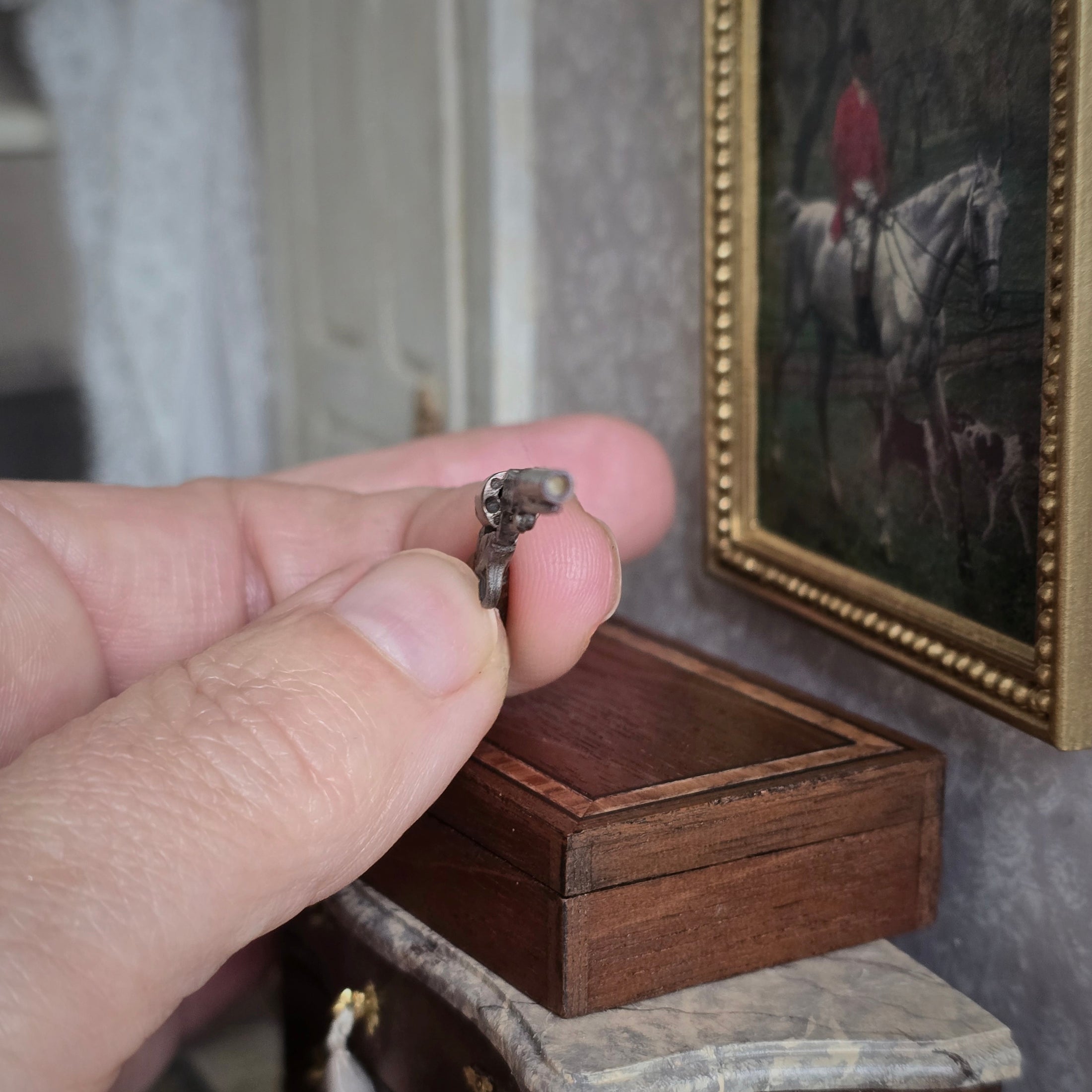 Miniature Antique Style Cowboy Revolver Pistol In Inlaid Wood Storage Case