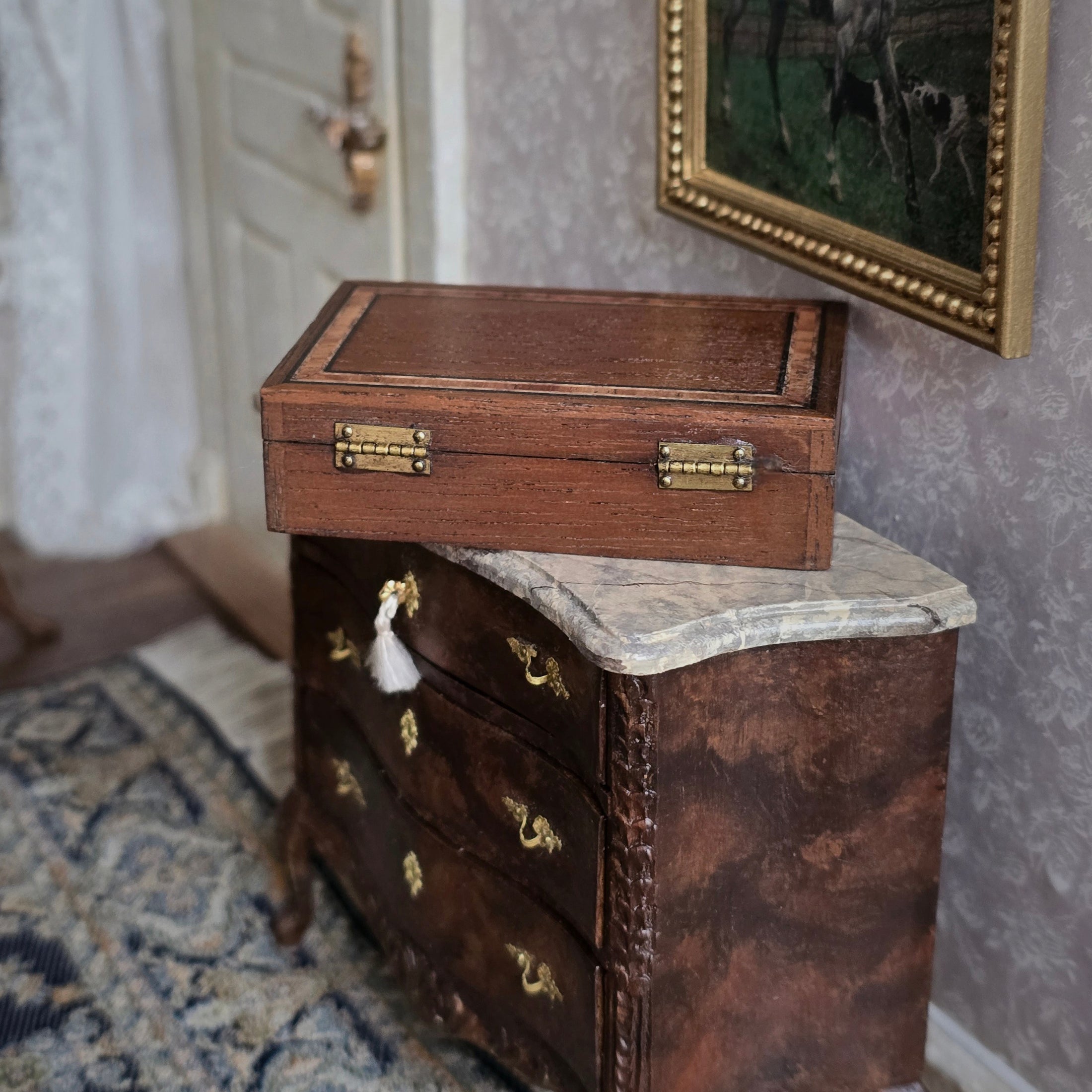 Miniature Antique Style Cowboy Revolver Pistol In Inlaid Wood Storage Case