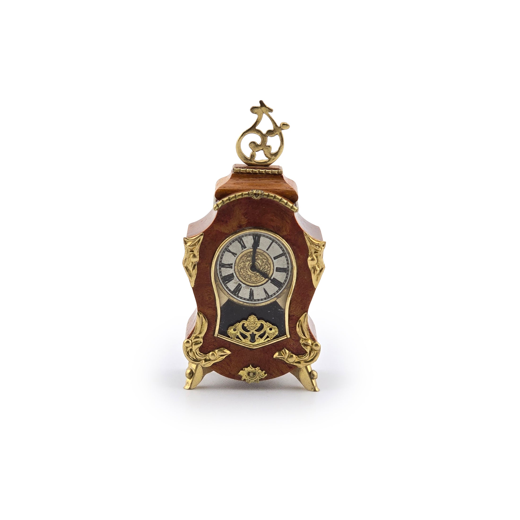 Geoffrey Wonnacott Working Burl Wood Clock with Pedestal Stand Gold-plated Accents