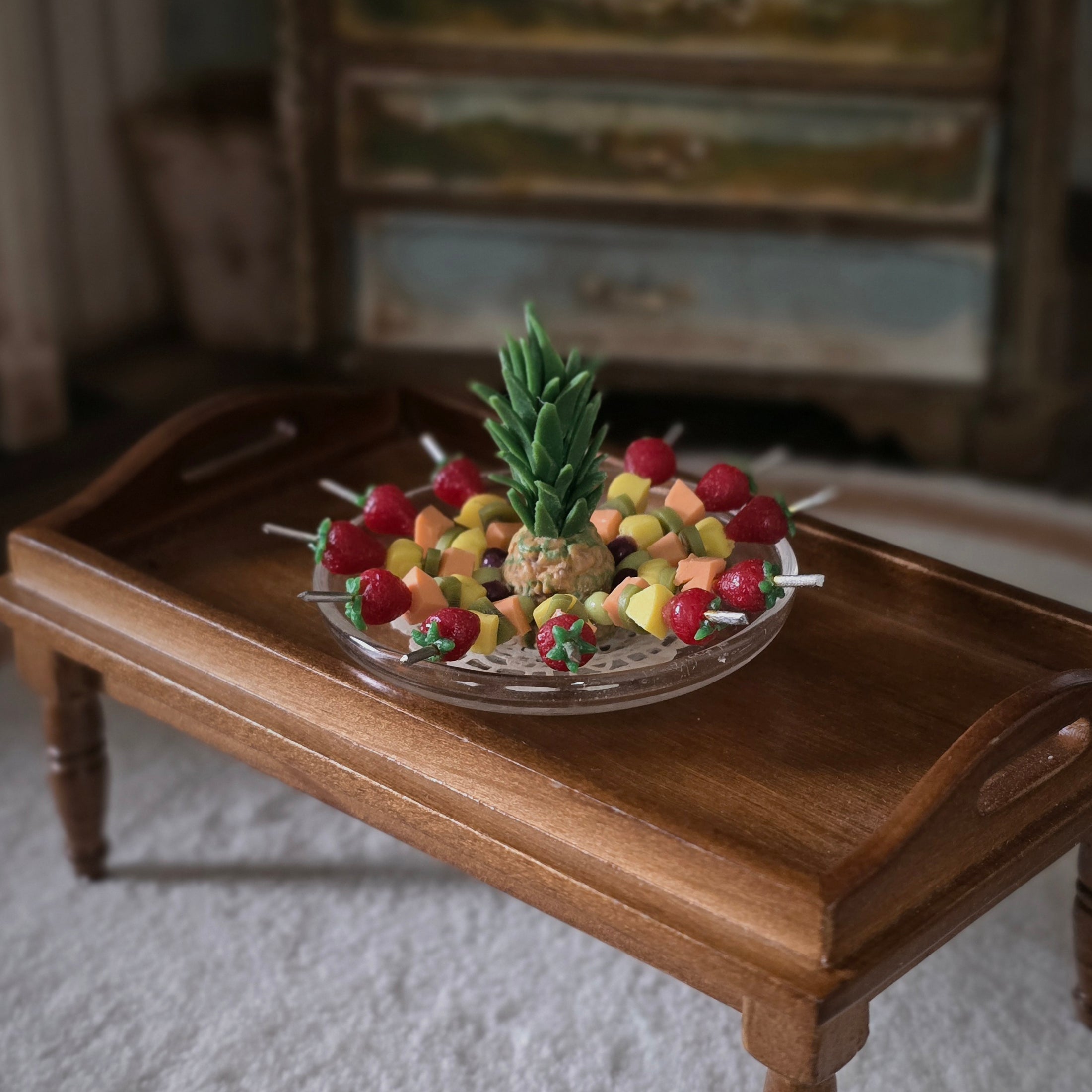 Miniature Pineapple Fruit Kabob Appetizer on Glass Serving Platter