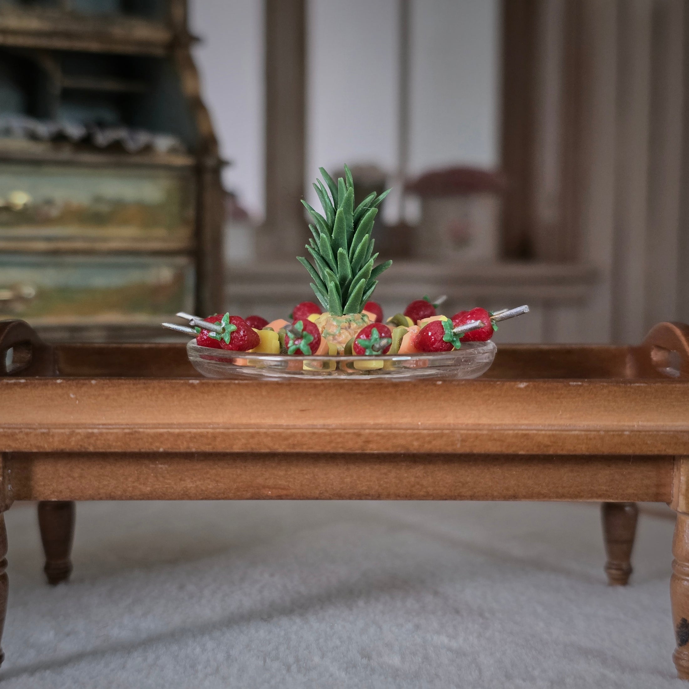 Miniature Pineapple Fruit Kabob Appetizer on Glass Serving Platter