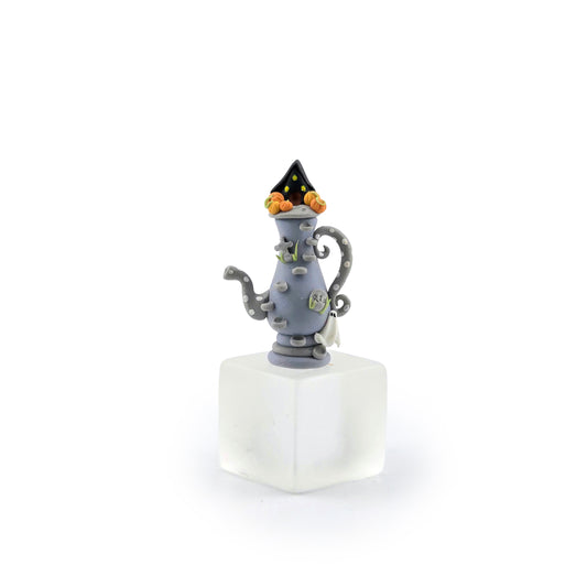 Whimsical Haunted House Halloween Coffee Pot Sculpted Clay Miniature
