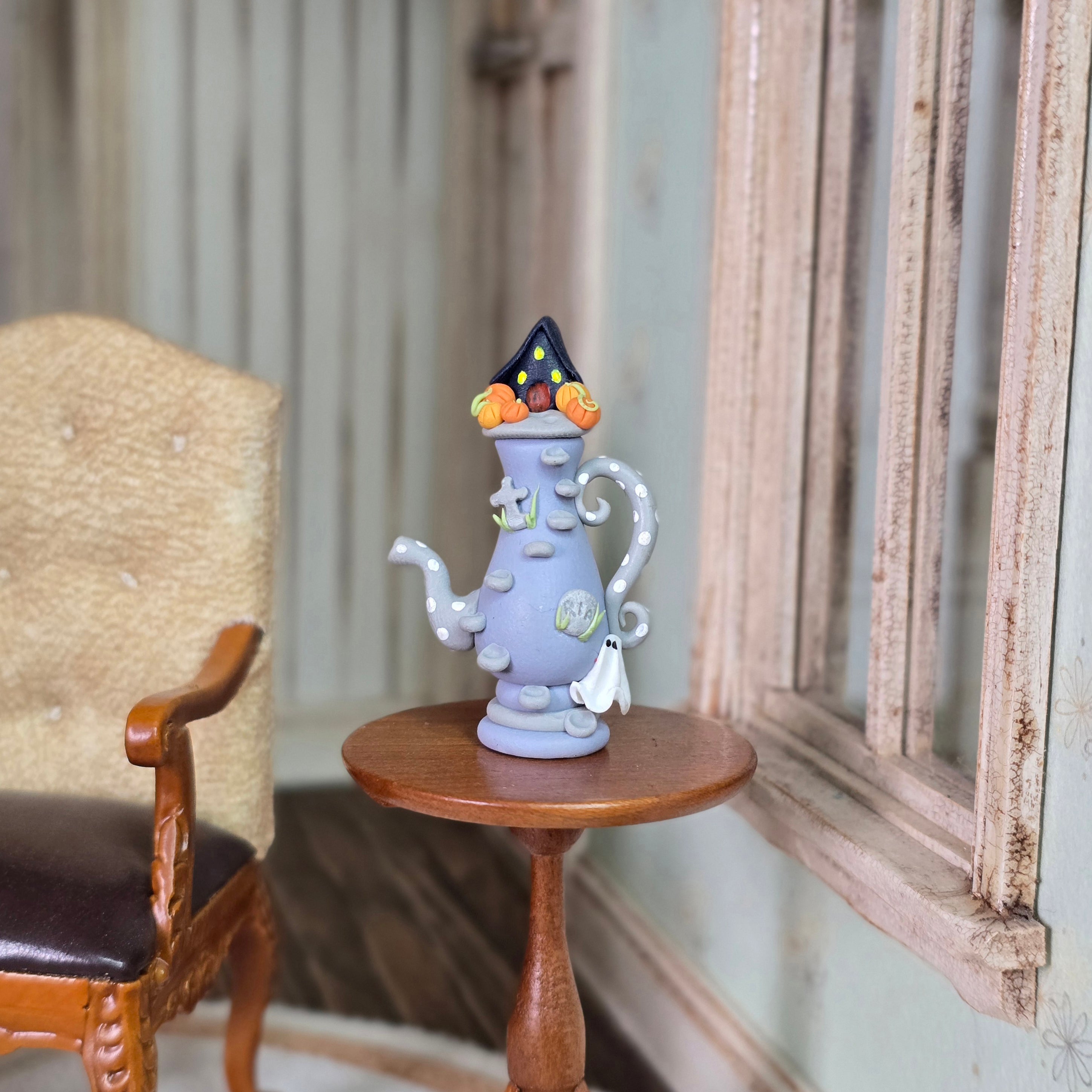 Whimsical Haunted House Halloween Coffee Pot Sculpted Clay Miniature