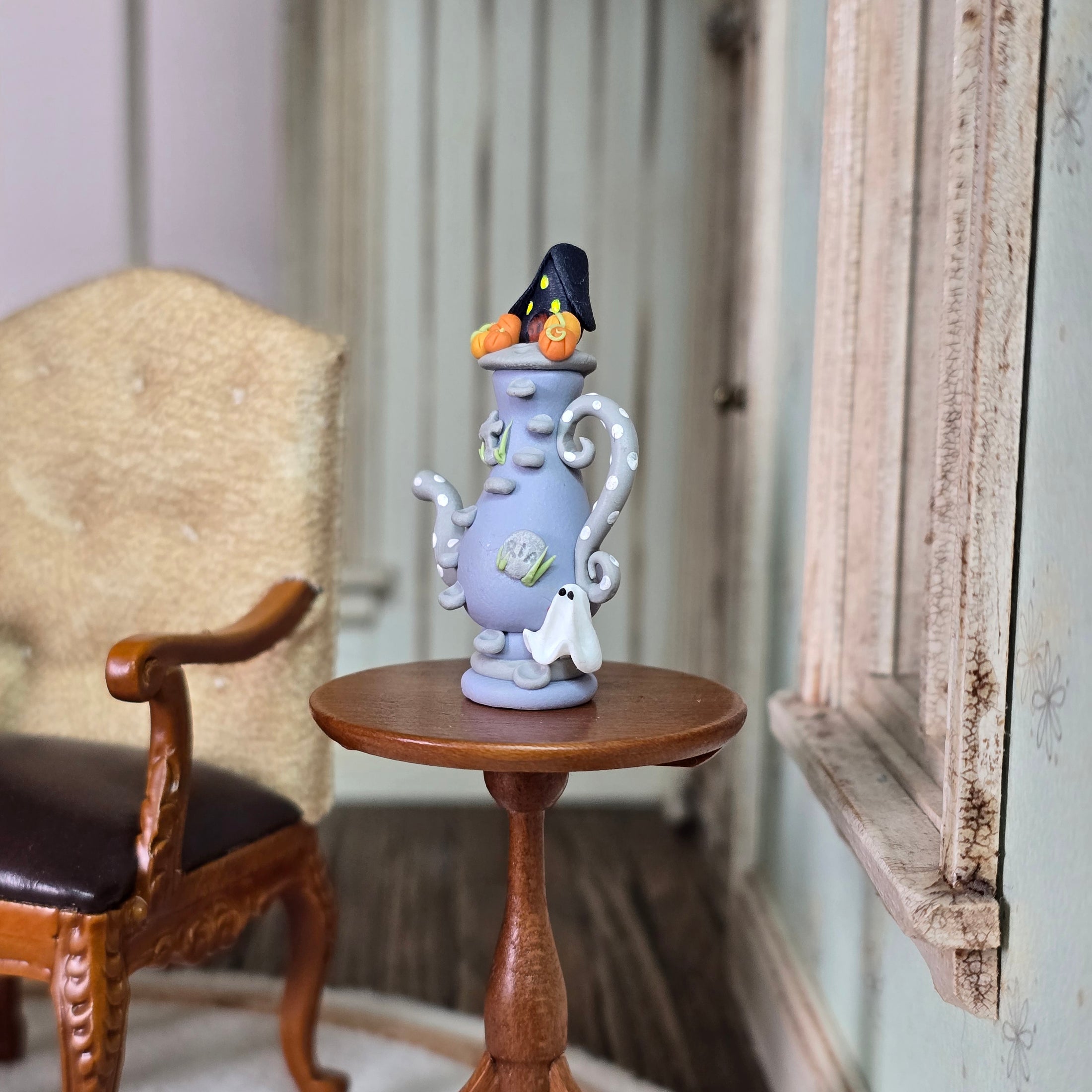 Whimsical Haunted House Halloween Coffee Pot Sculpted Clay Miniature