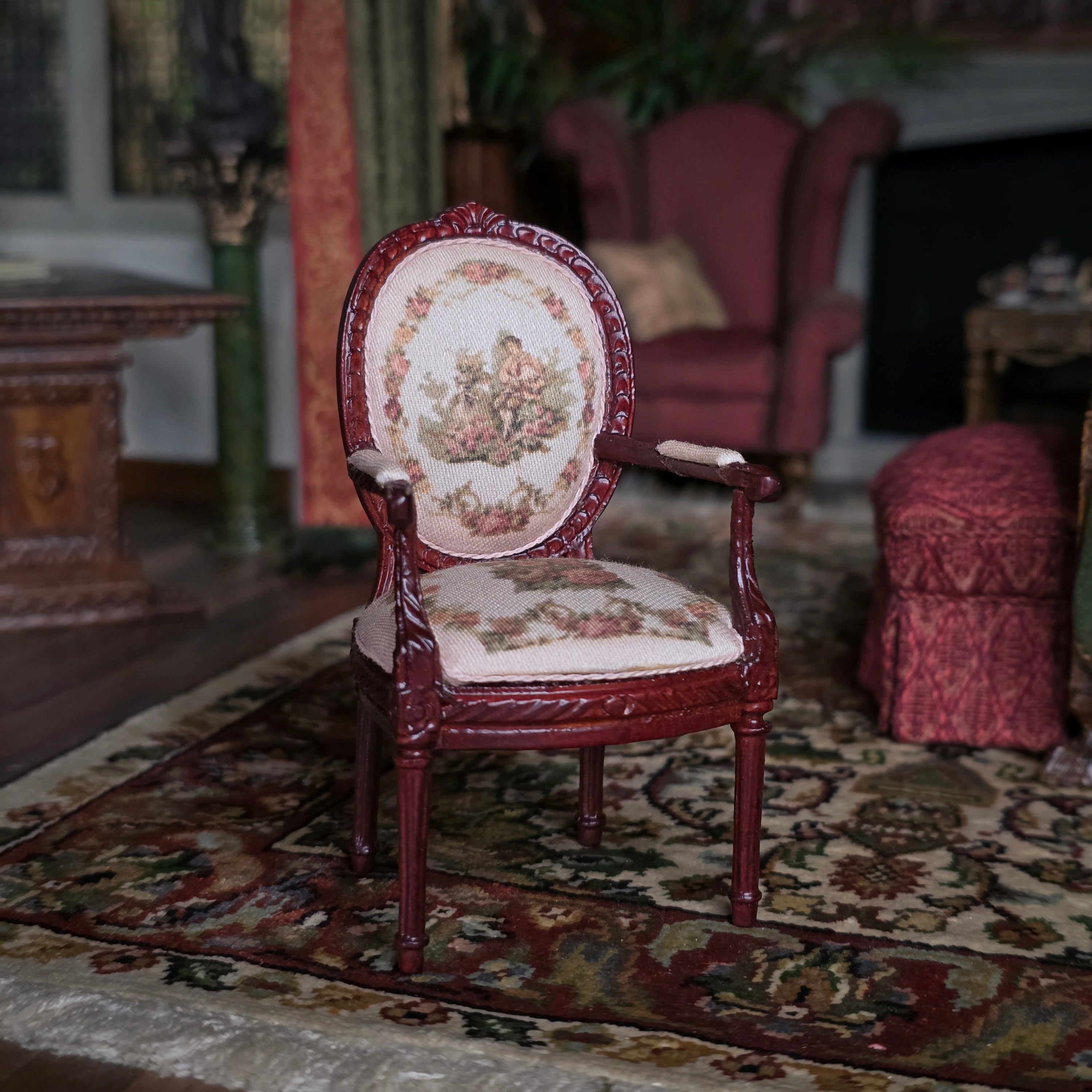 Victorian Oval Back Armchair with Printed Tapestry Miniature