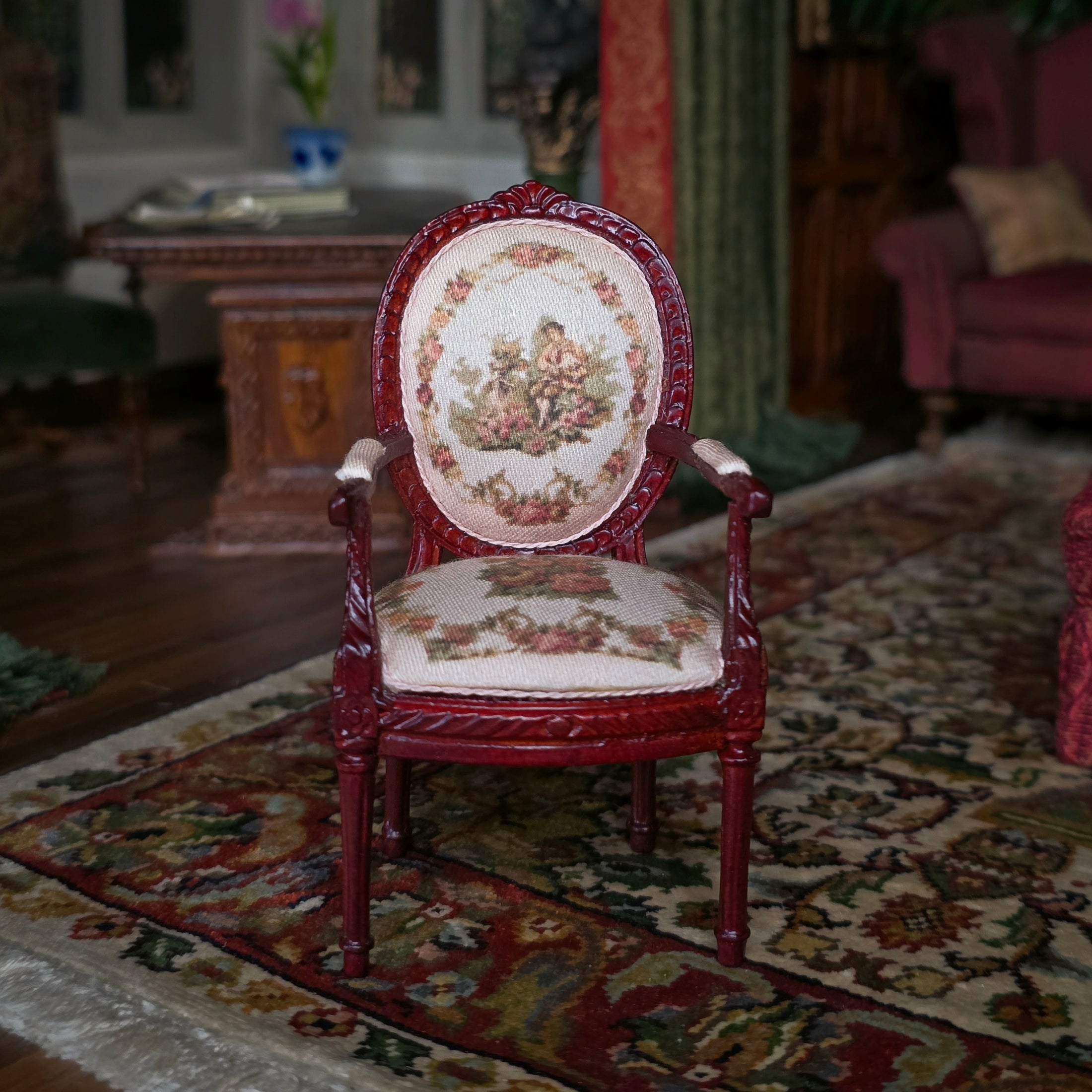 Victorian Oval Back Armchair with Printed Tapestry Miniature