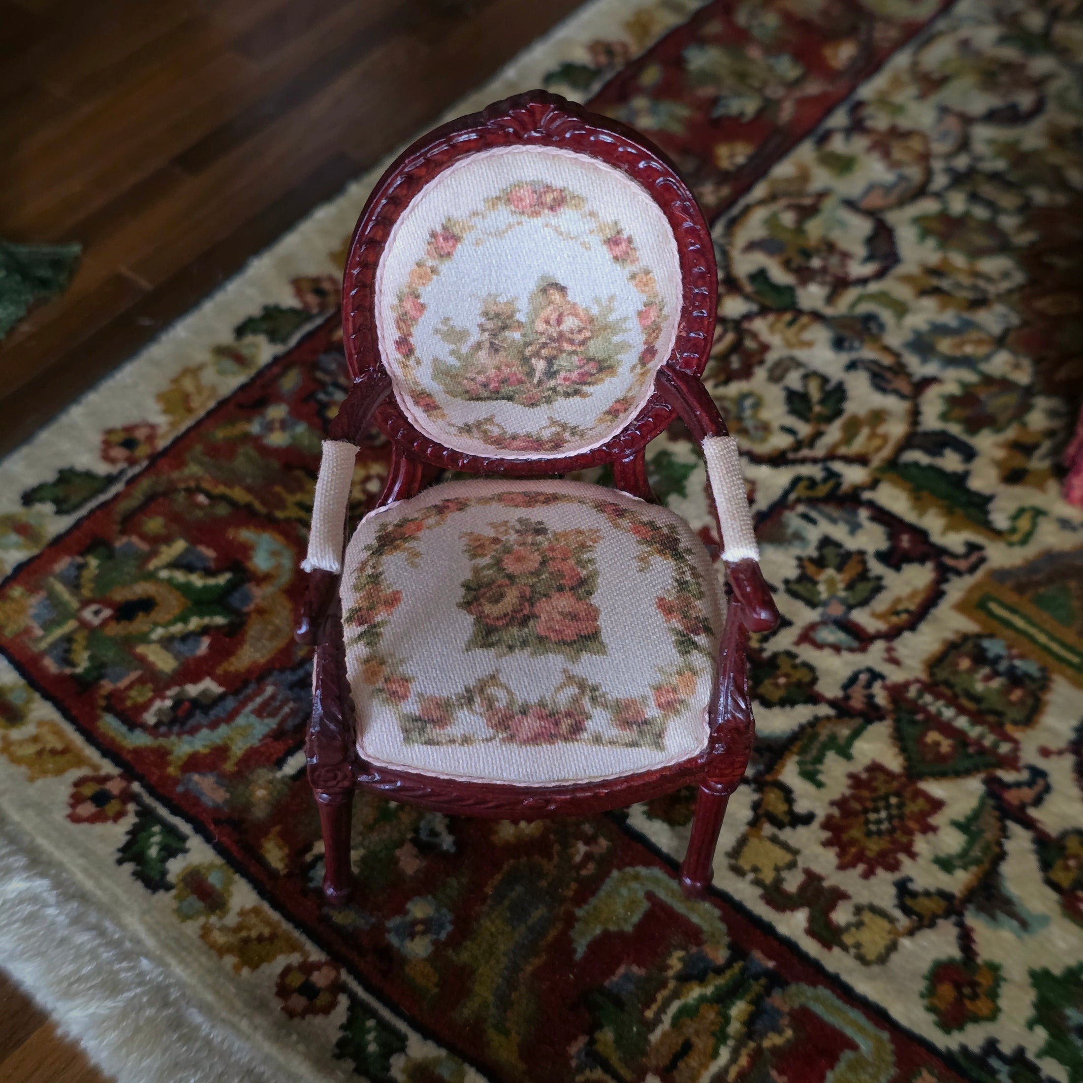 Victorian Oval Back Armchair with Printed Tapestry Miniature