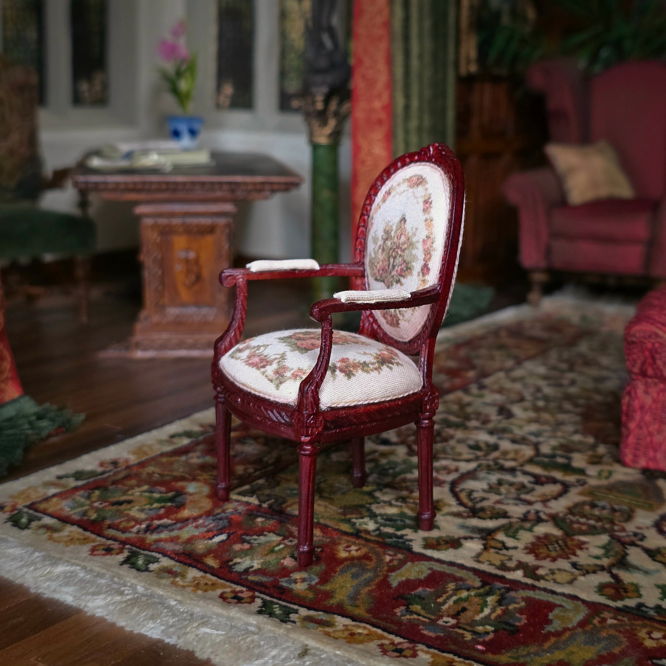 Victorian Oval Back Armchair with Printed Tapestry Miniature