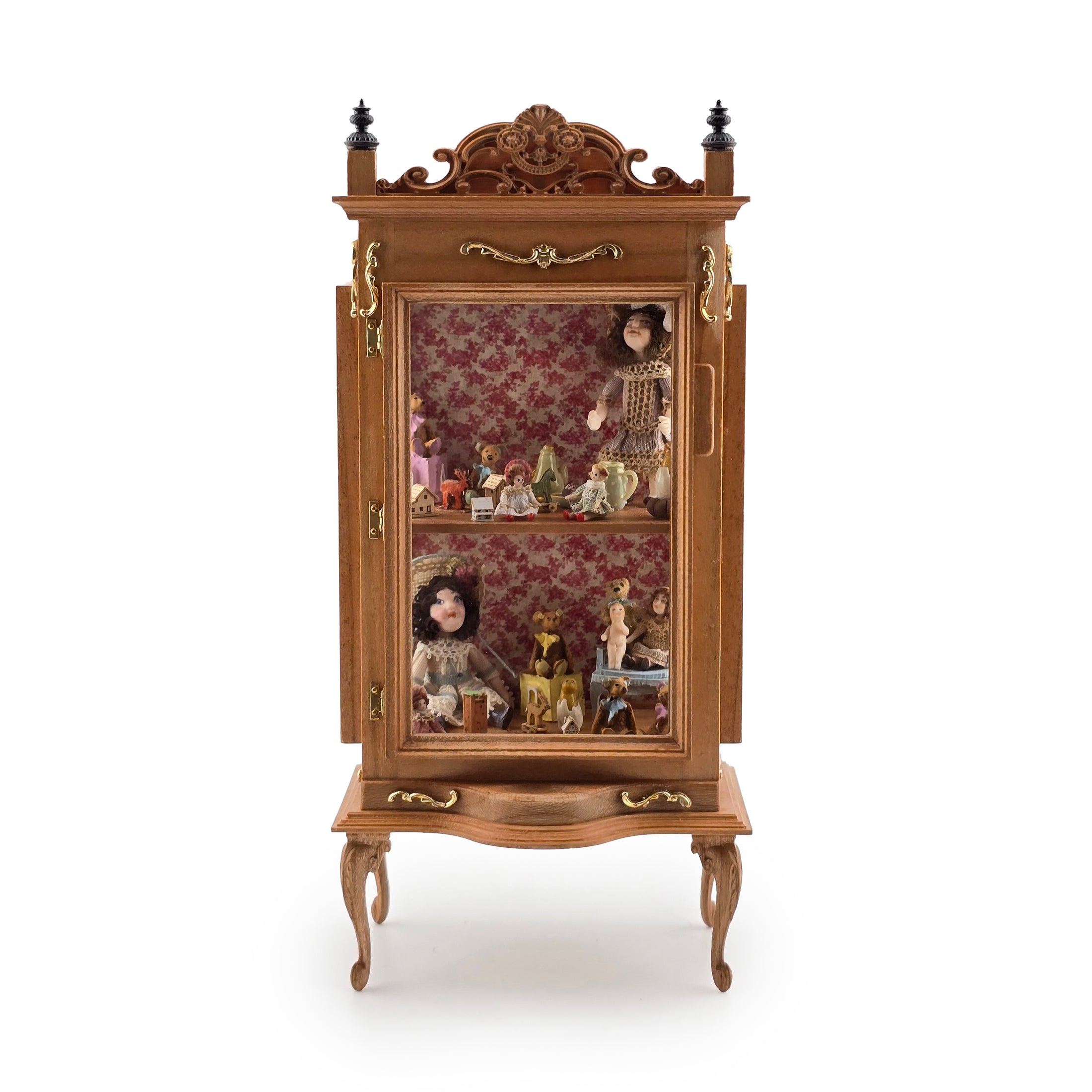 Spanish Curio Cabinet Diorama with Dolls and Toys Dollhouse Miniature