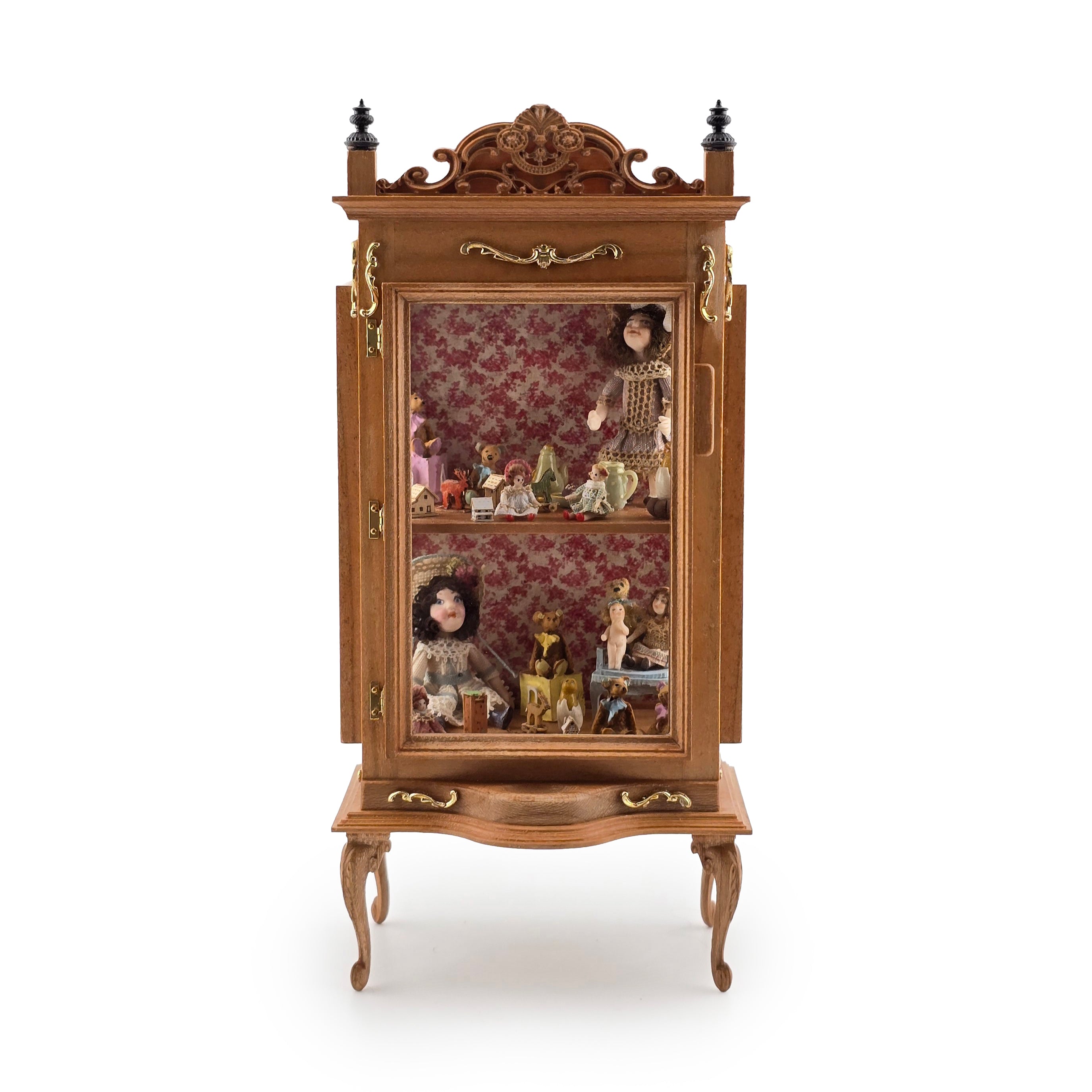 Spanish Curio Cabinet Diorama with Dolls and Toys Dollhouse Miniature