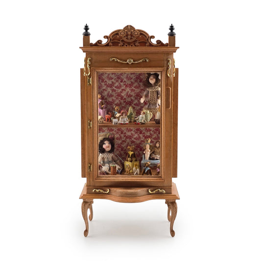 Spanish Curio Cabinet Diorama with Dolls and Toys Dollhouse Miniature